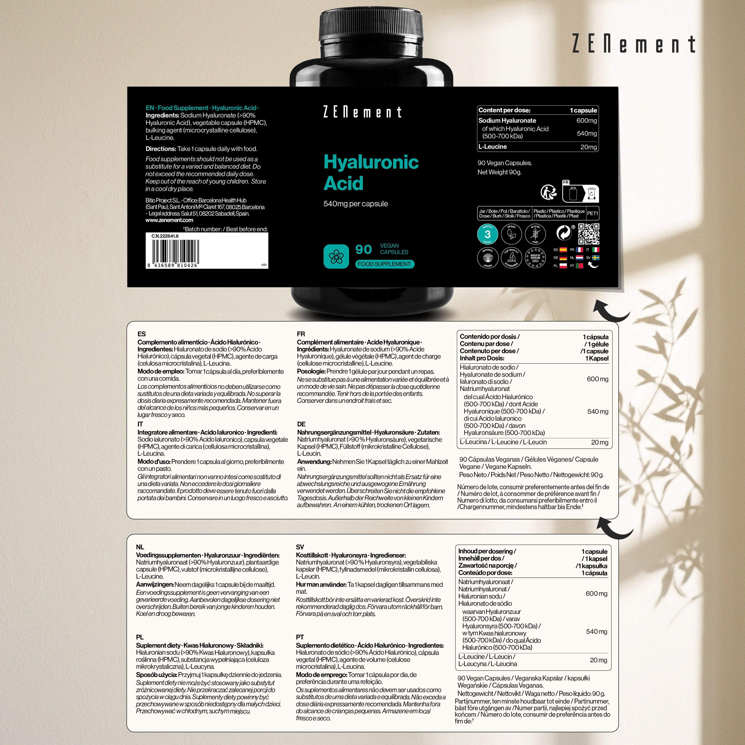 Zenement Acido Ialuronico 600 mg Capsule 90 Capsule Vegane Pelle