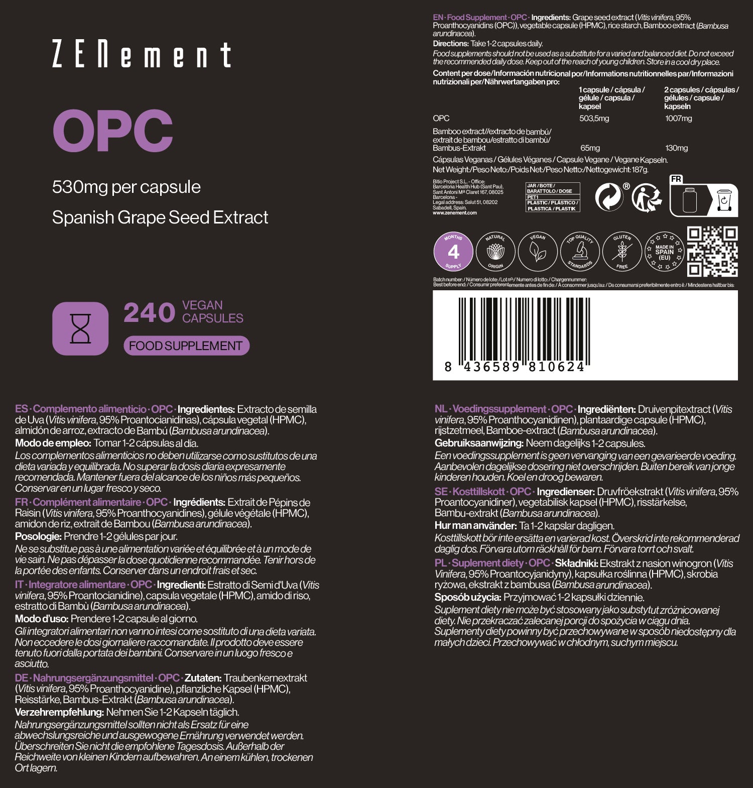 Zenement OPC 1007 mg Integratore 240 Capsule Vegane Polifenoli