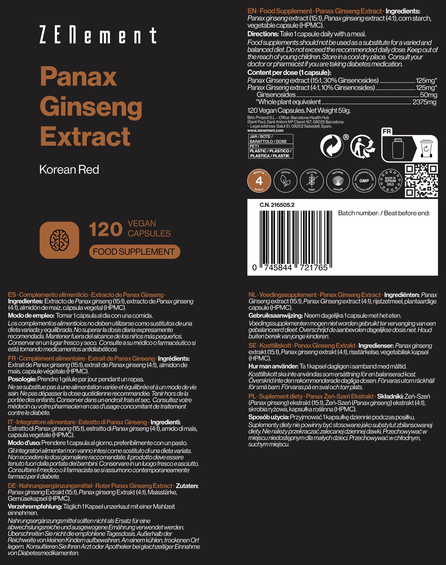 Zenement Panax Ginseng Rosso integratore 120 capsule ginsenosidi