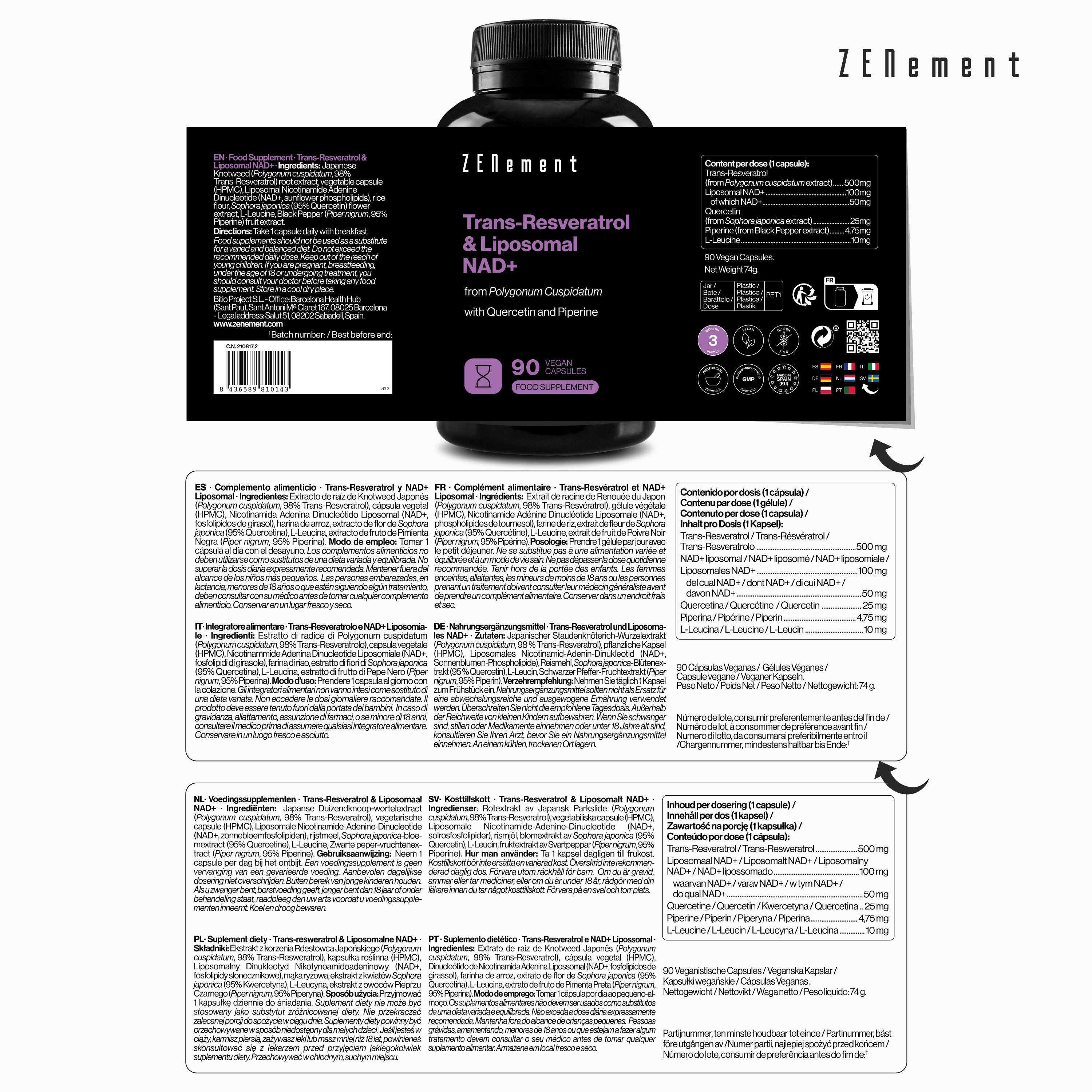 Zenement Longevità Trans-Resveratrolo NAD+ Integratore 90 Capsule