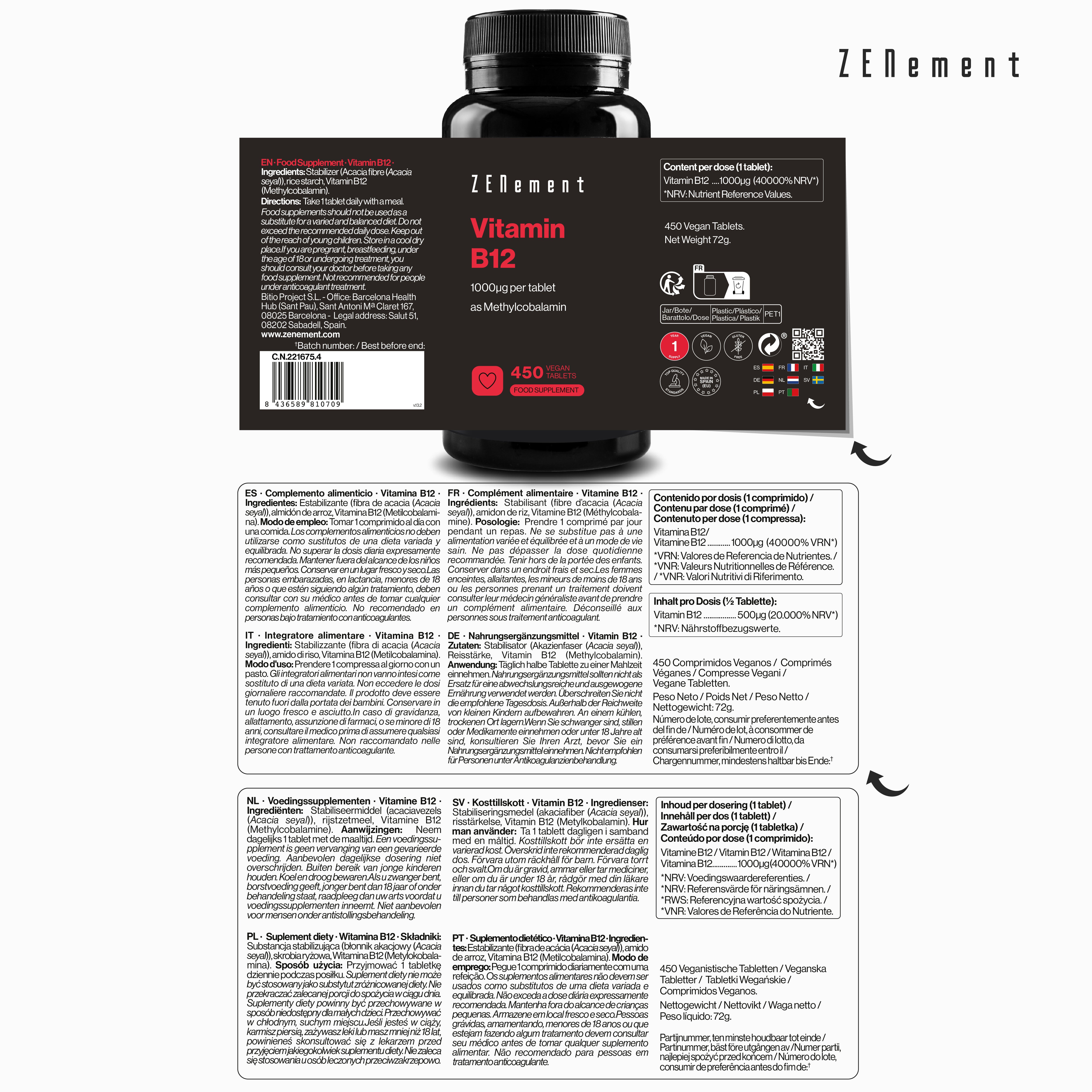 Zenement Vitamina B12 1000 mcg integratore 450 compresse