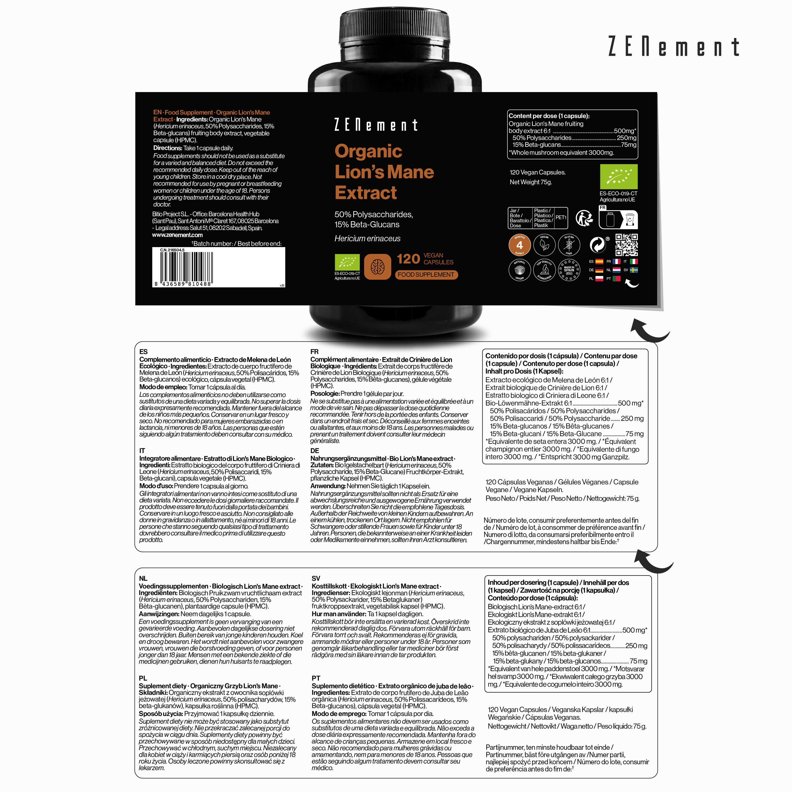 Zenement Lion's Mane Biologico integratore 120 capsule vegane