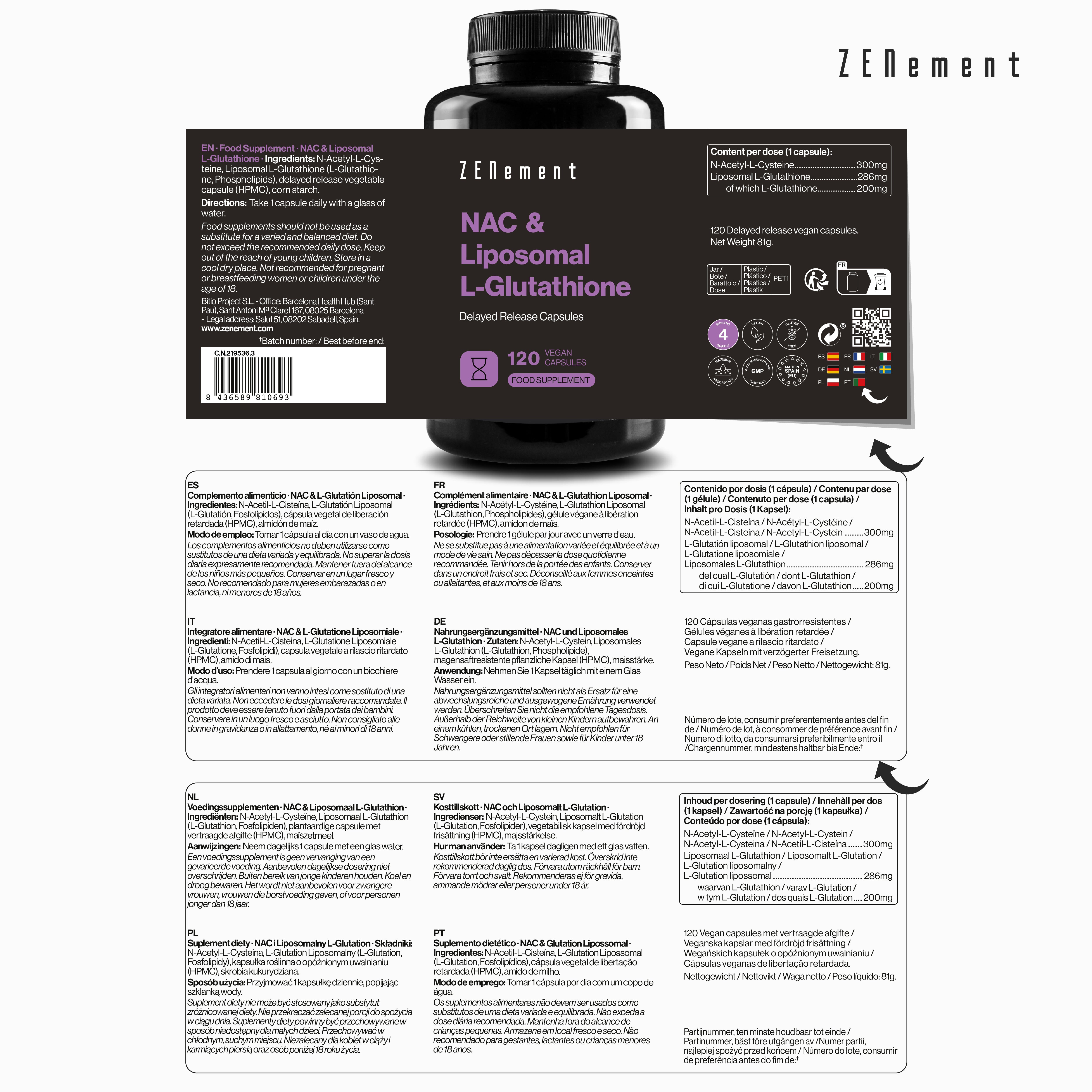 Zenement Longevità NAC Glutatione Liposomiale 120 Capsule Vegane