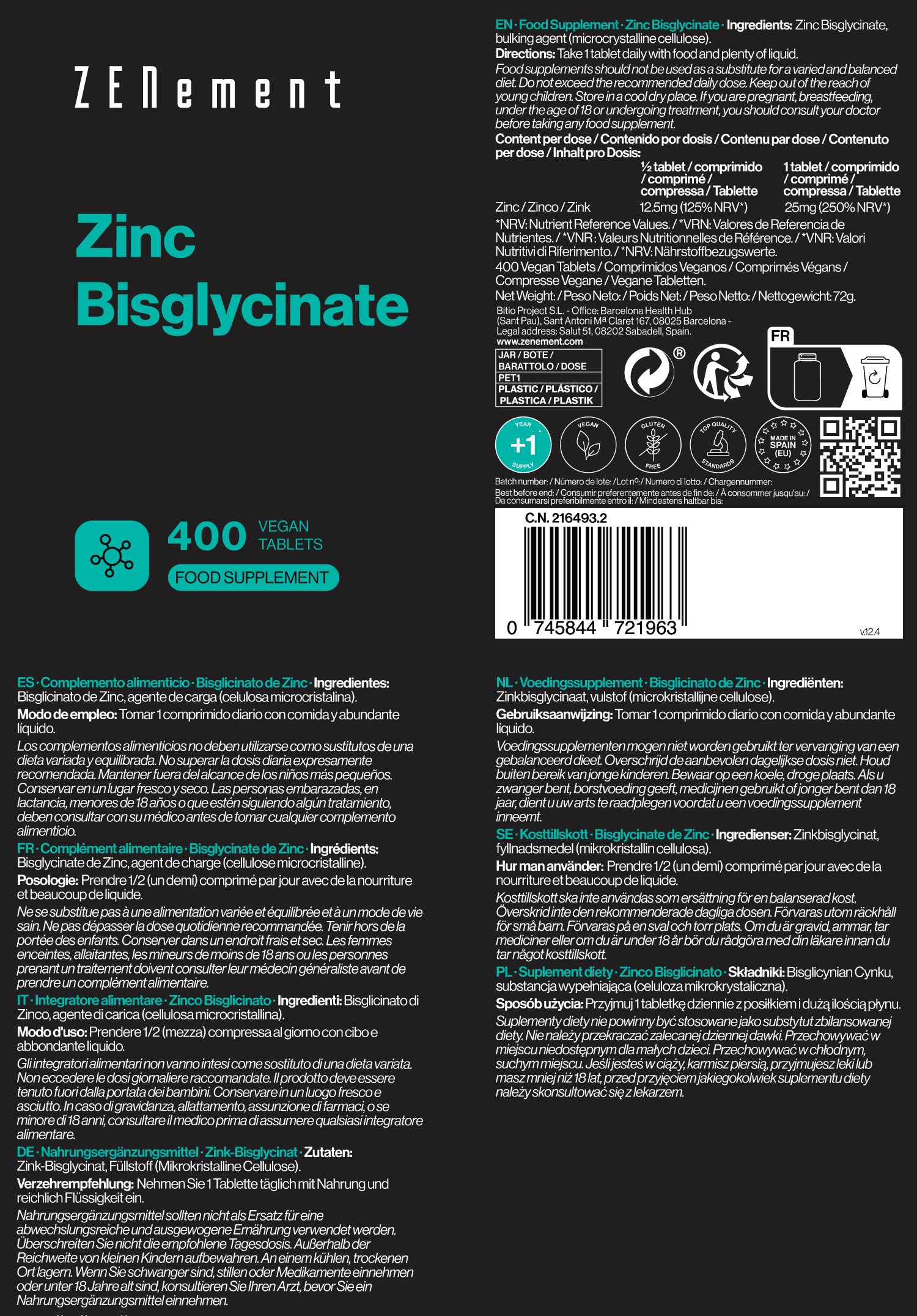 Zenement Zinco Bisglicinato integratore 400 compresse capelli