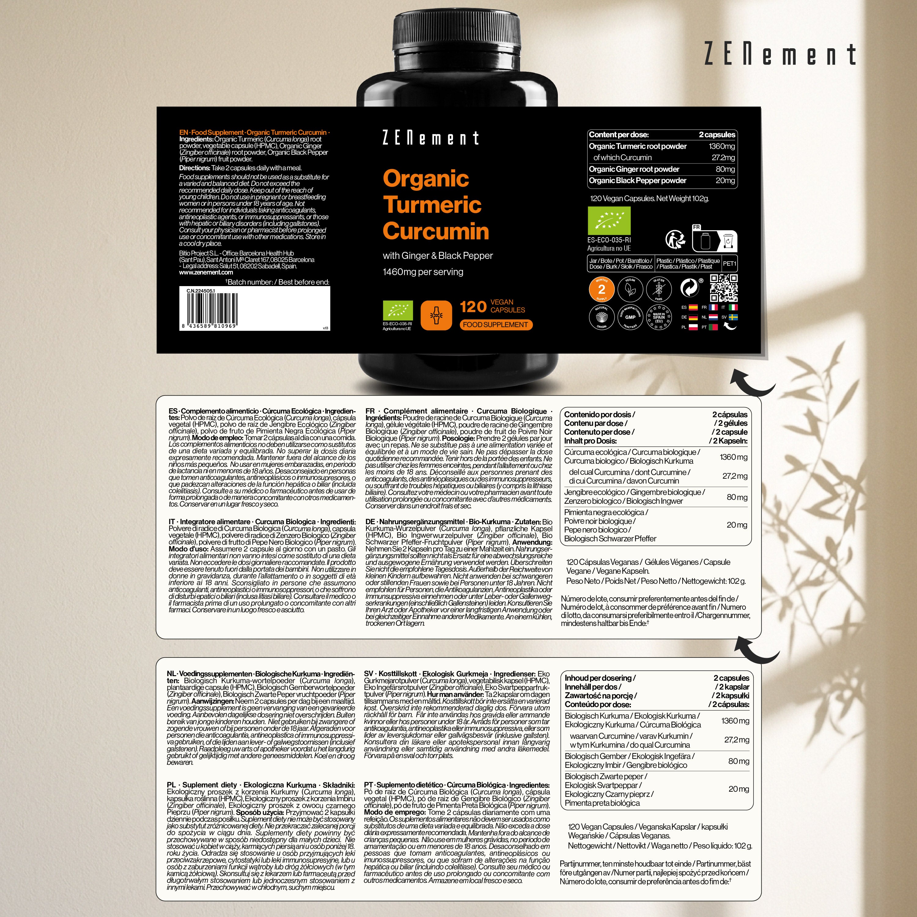 Zenement Articolazioni e Ossa Curcuma Bio Pepe Nero 120 Capsule Vegane