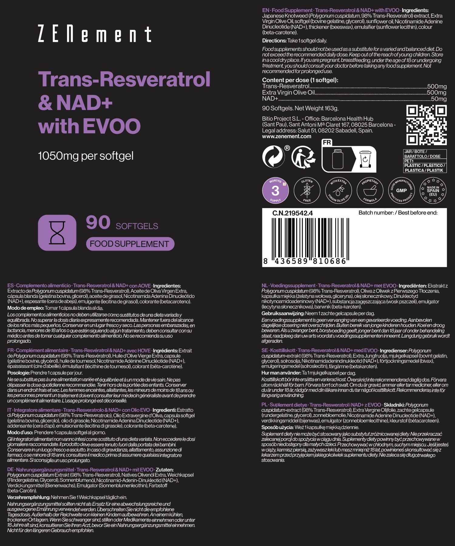Zenement Trans-Resveratrolo NAD+ Integratore 90 Capsule Softgel