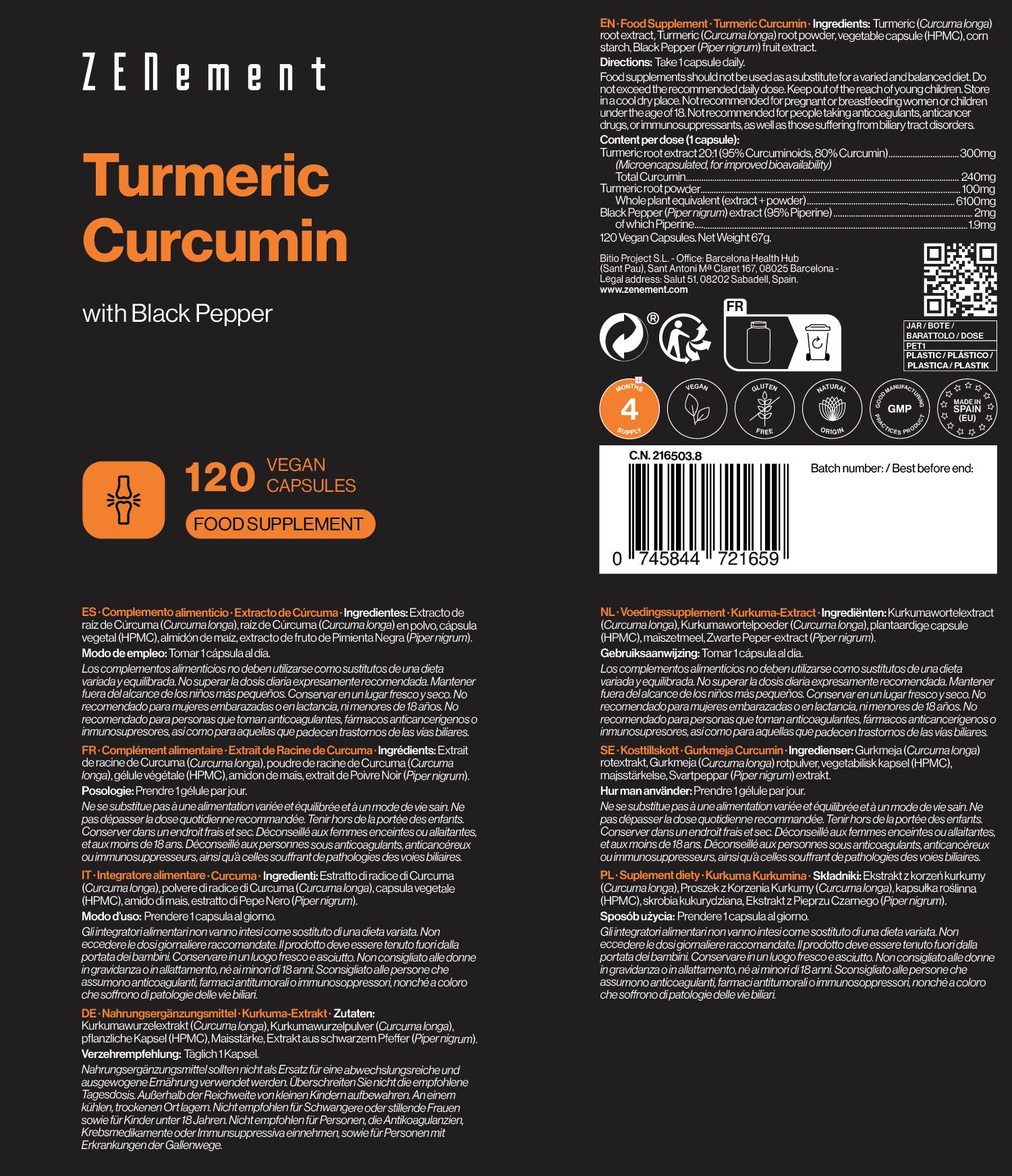 Zenement Articolazioni e Ossa Curcuma con Pepe Nero integratore 120 capsule