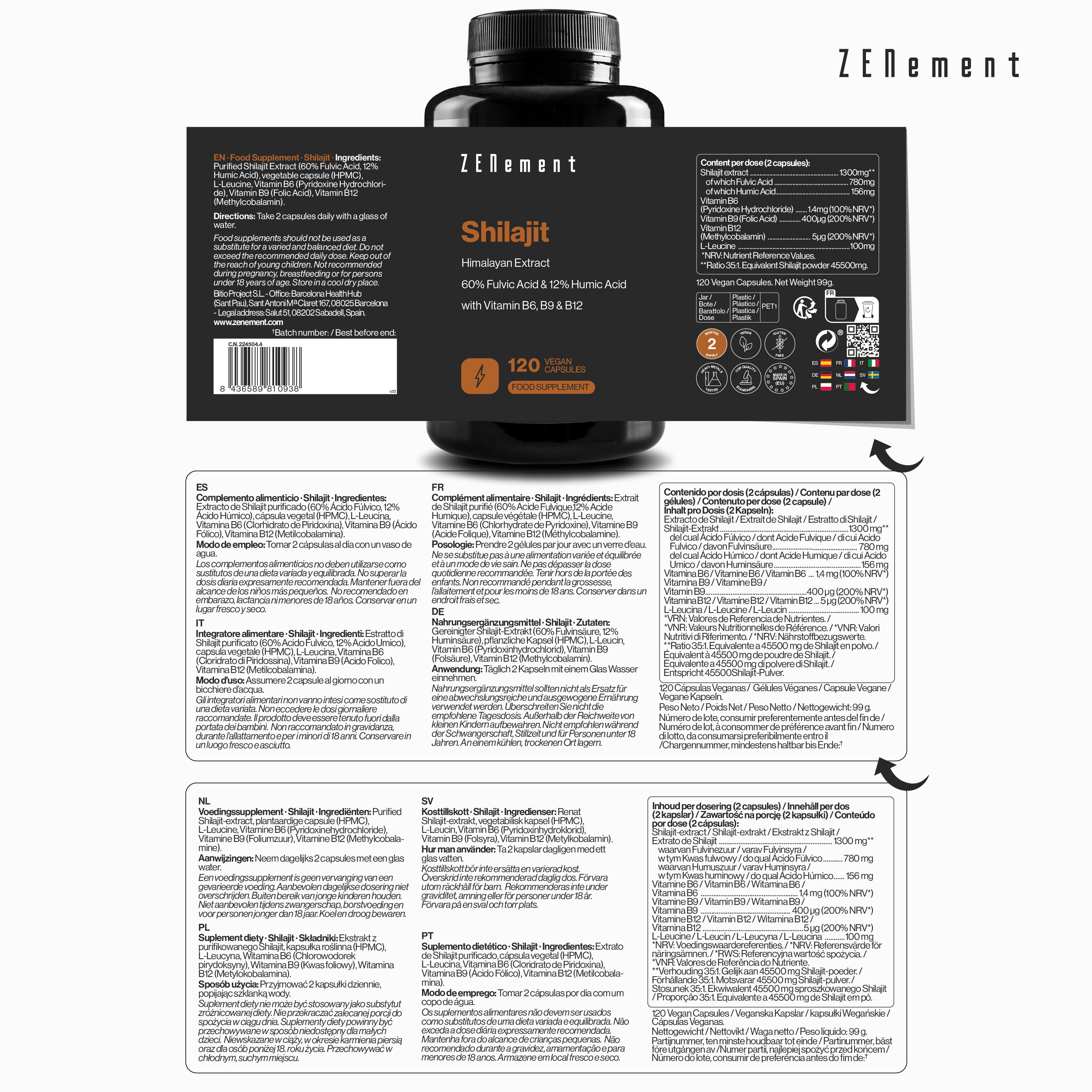 Zenement Shilajit Puro 45000 mg Integratore 120 Capsule Vegane