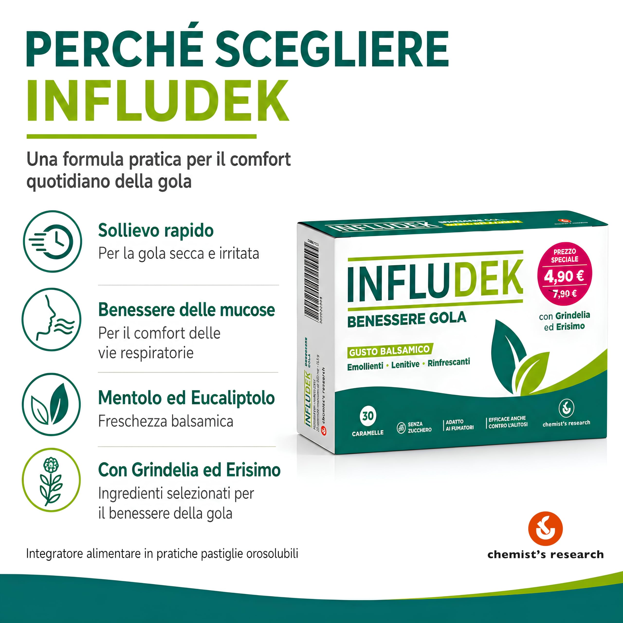 Chemist's Research Infludek 30 caramelle balsamico gola voce