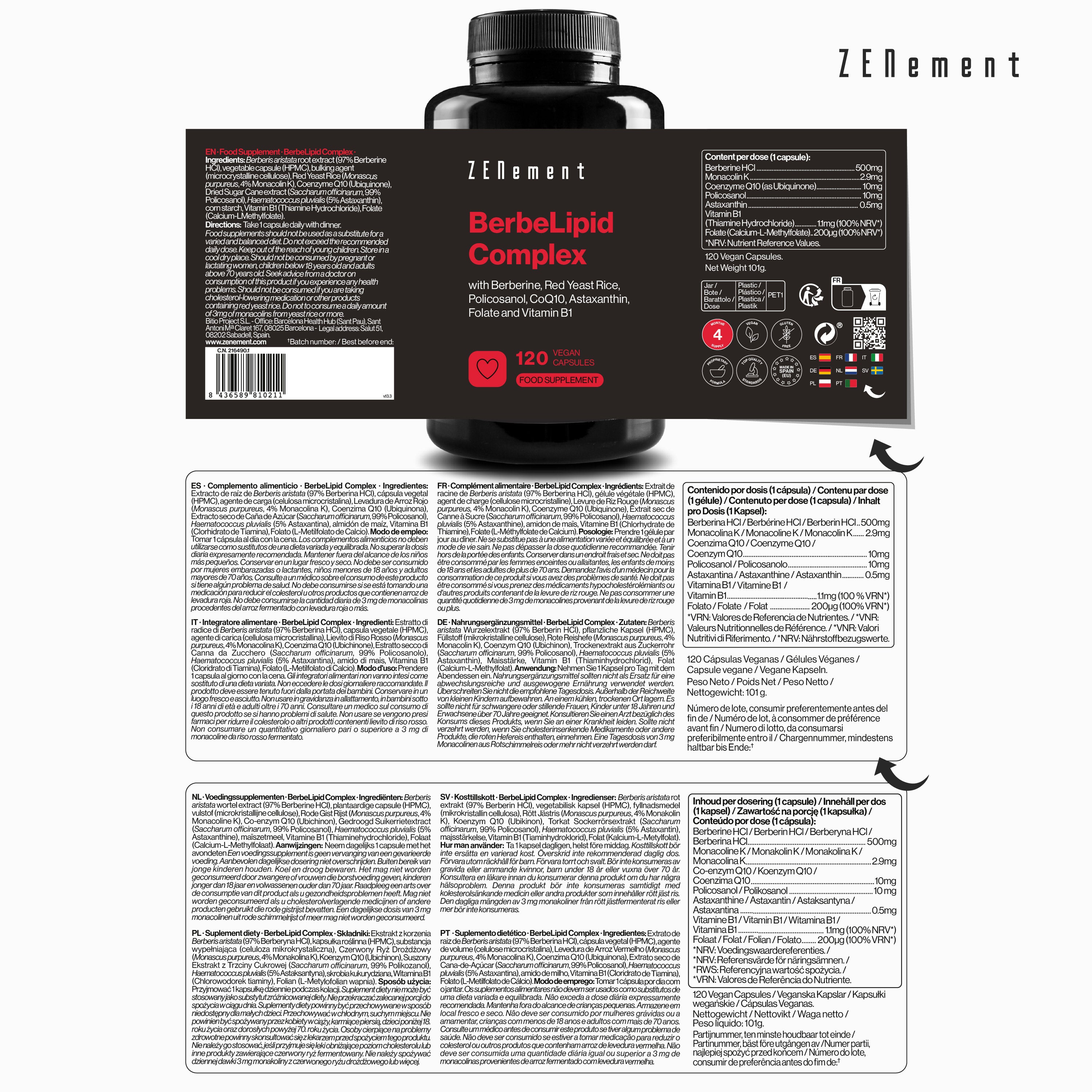 Zenement BerbeLipid Berberina Capsule 120 Capsule Riso Rosso Q10