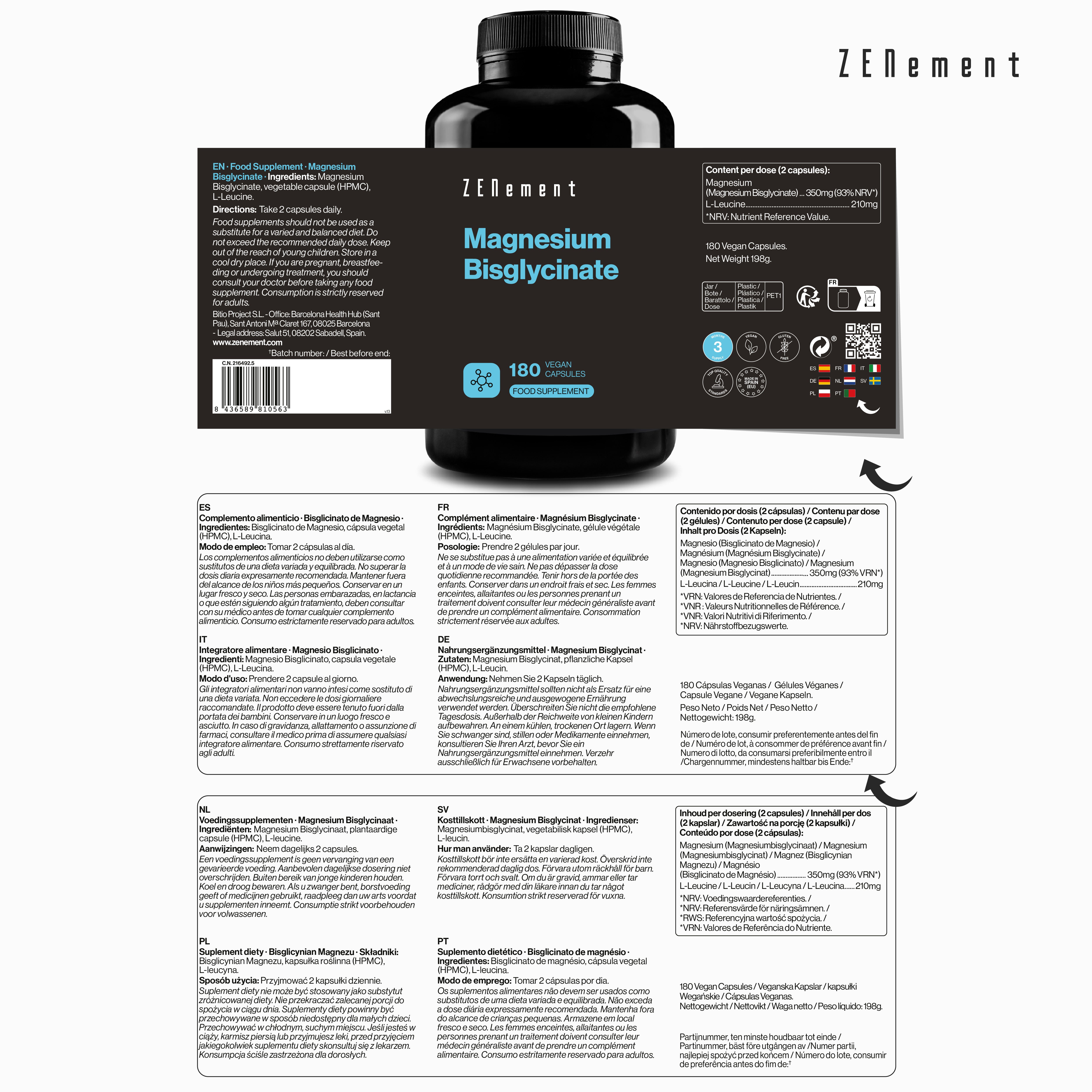 Zenement Magnesio Bisglicinato Integratore 180 Capsule 350 mg