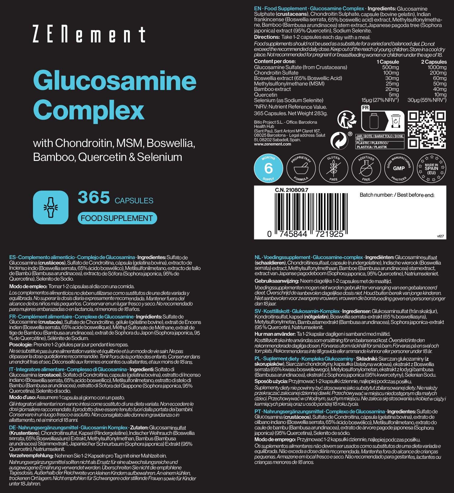 Zenement Articolazioni e ossa Glucosamina Condroitina capsule 365 pz
