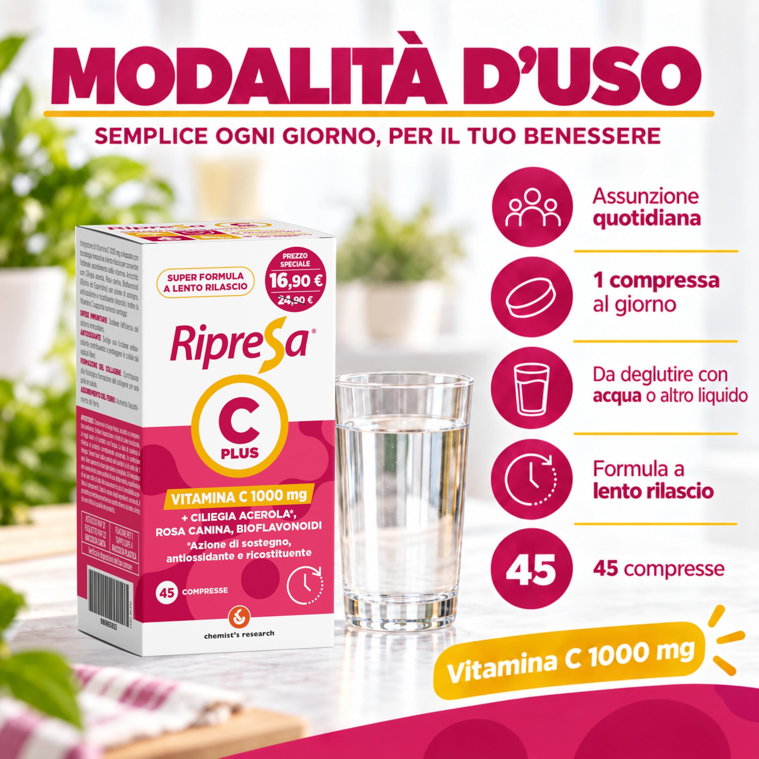 Chemist's Research Ripresa C Plus Vitamina C 45 Compresse Acerola