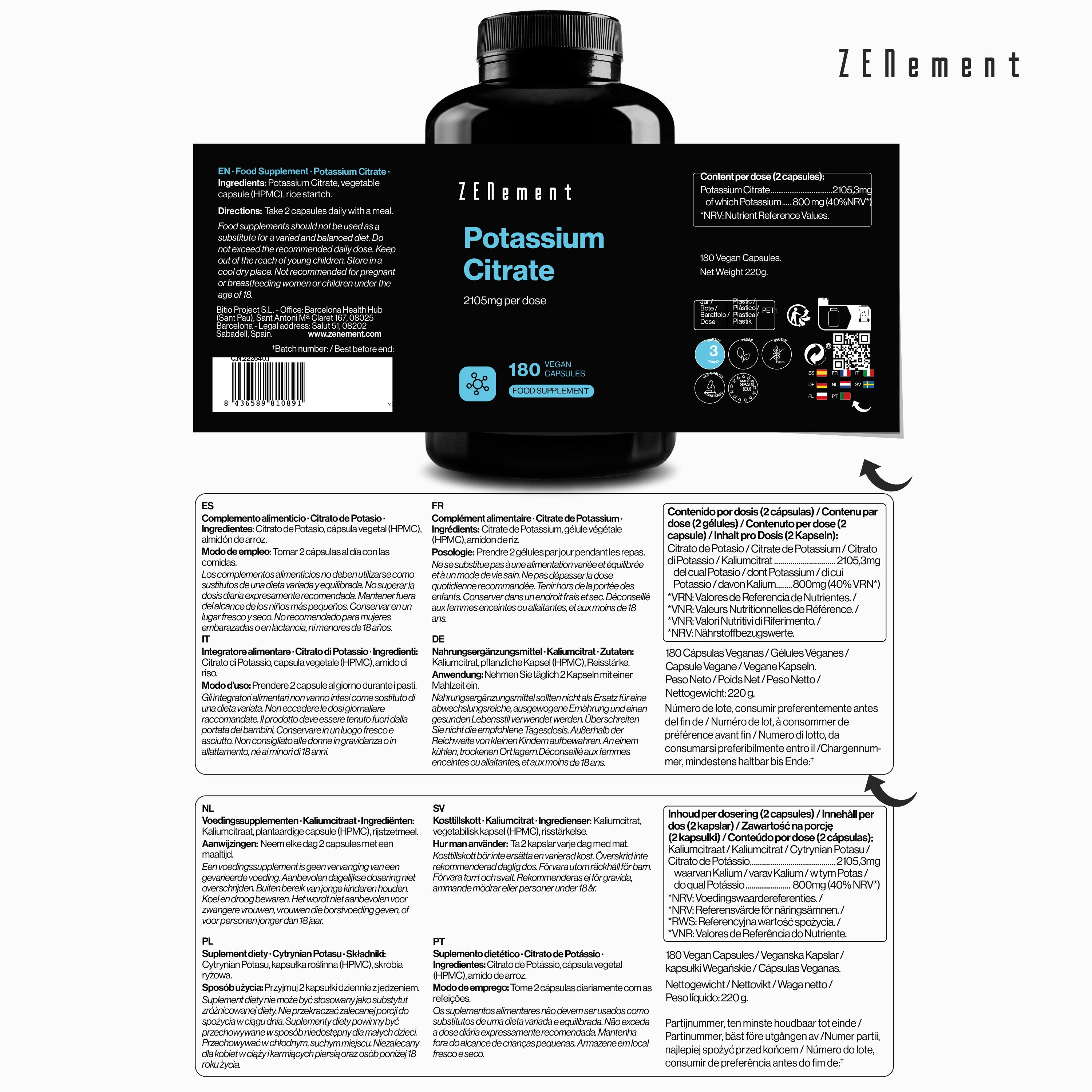 Zenement Citrato di Potassio 2105 mg capsule 180 capsule muscoli