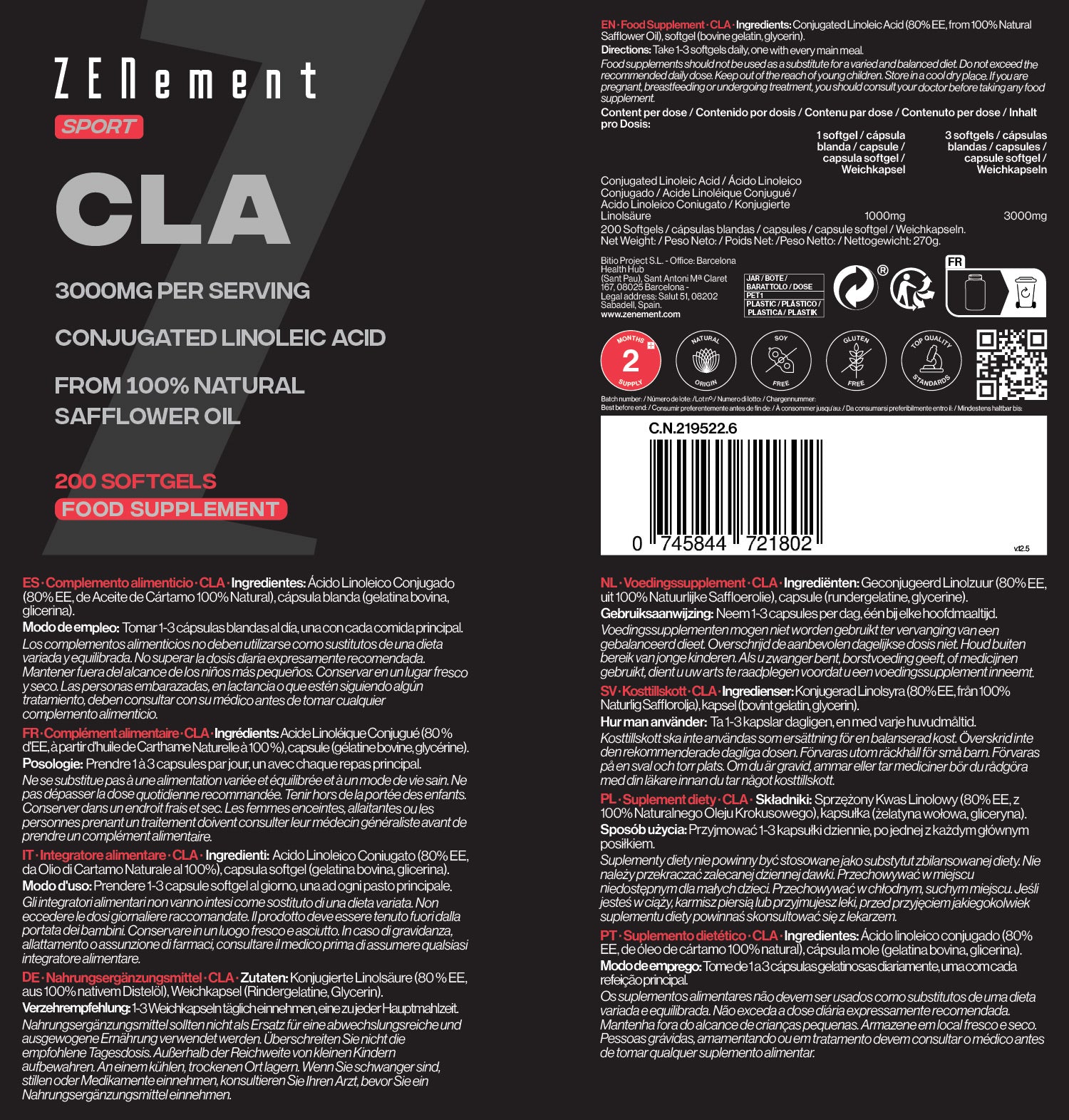 Zenement Controllo del Peso CLA 3000 mg integratore 180 softgel