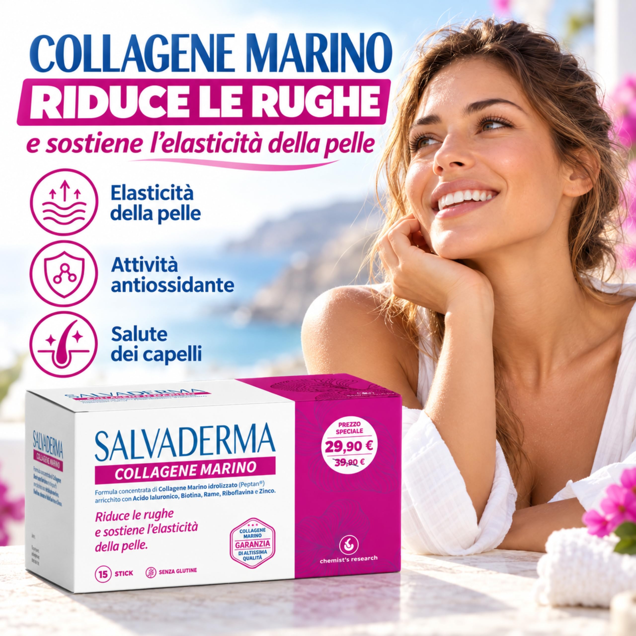 Chemist's Research Salvaderma Collagene Marino Integratore 15 Stick Ialuronico