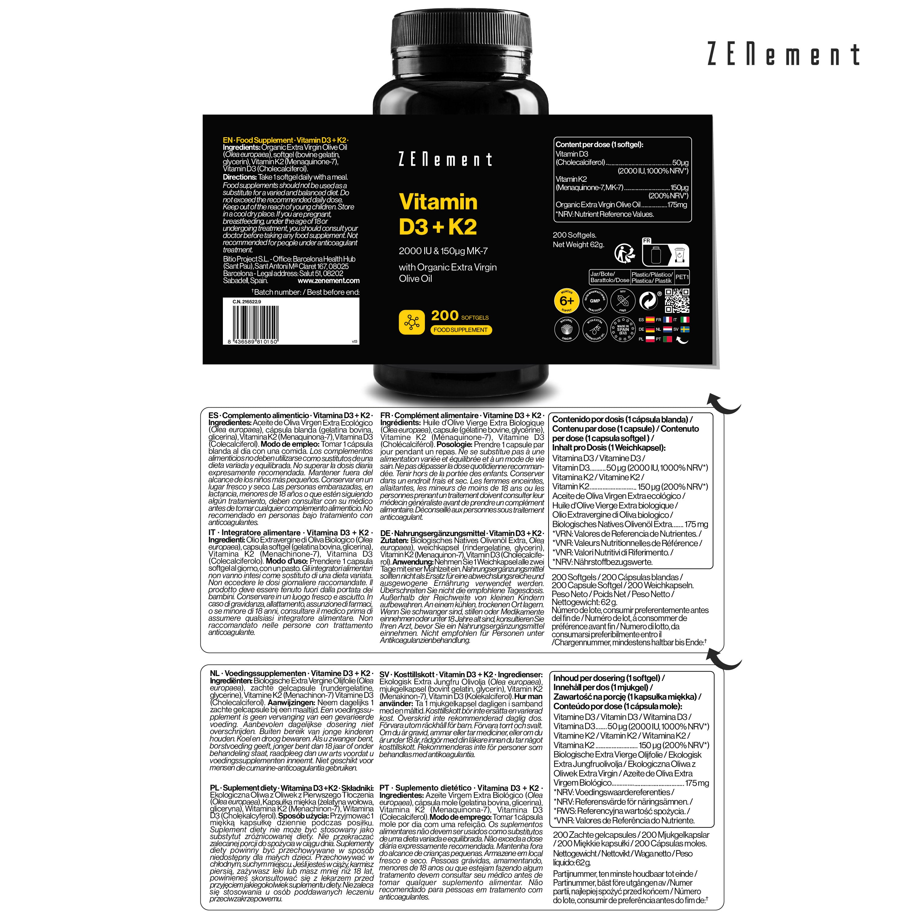 Zenement Vitamine D3+K2 2000 UI capsule 200 softgel ossa