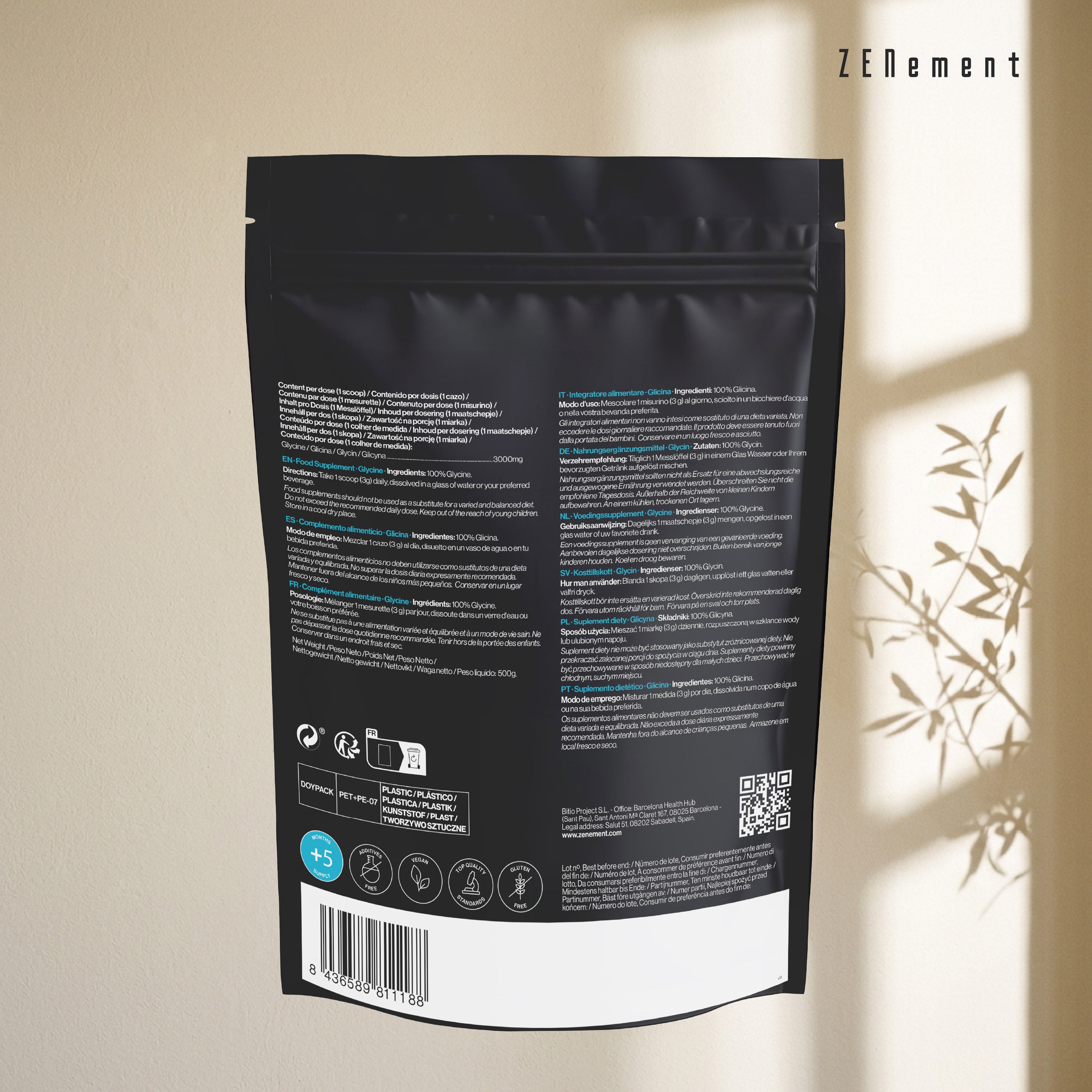 Zenement Glicina Polvere 500 g pura 3000 mg dose solubile