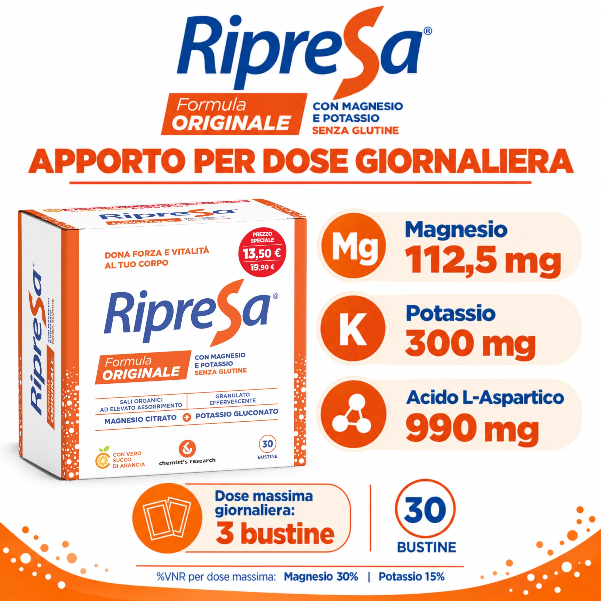 Chemist's Research Ripresa 30 bustine magnesio potassio arancia