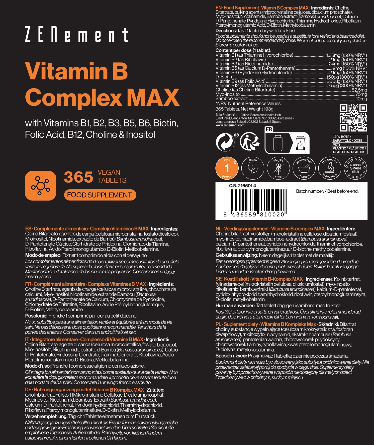Zenement Vitamine Minerali Complesso Vitamine B MAX 365 Compresse