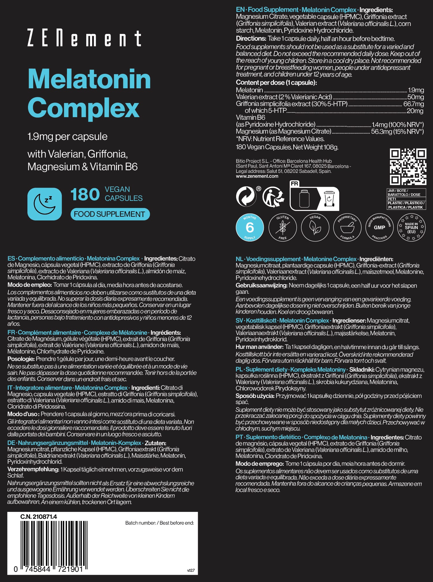 Zenement Rilassamento e Sonno Melatonina Complex 1,9 mg 180 Capsule