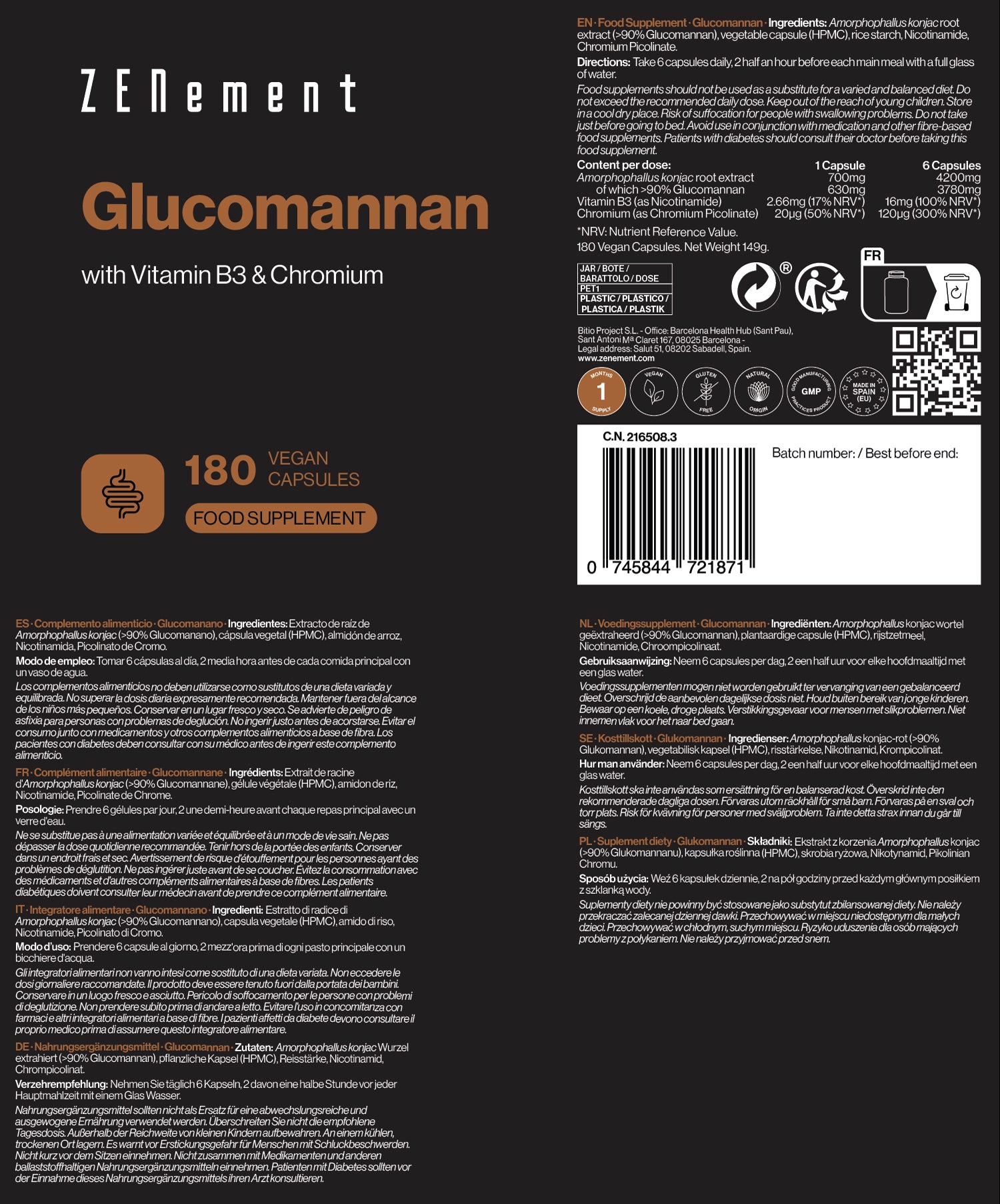 Zenement Glucomannano con Vitamina B3 e Cromo capsule 180 pz