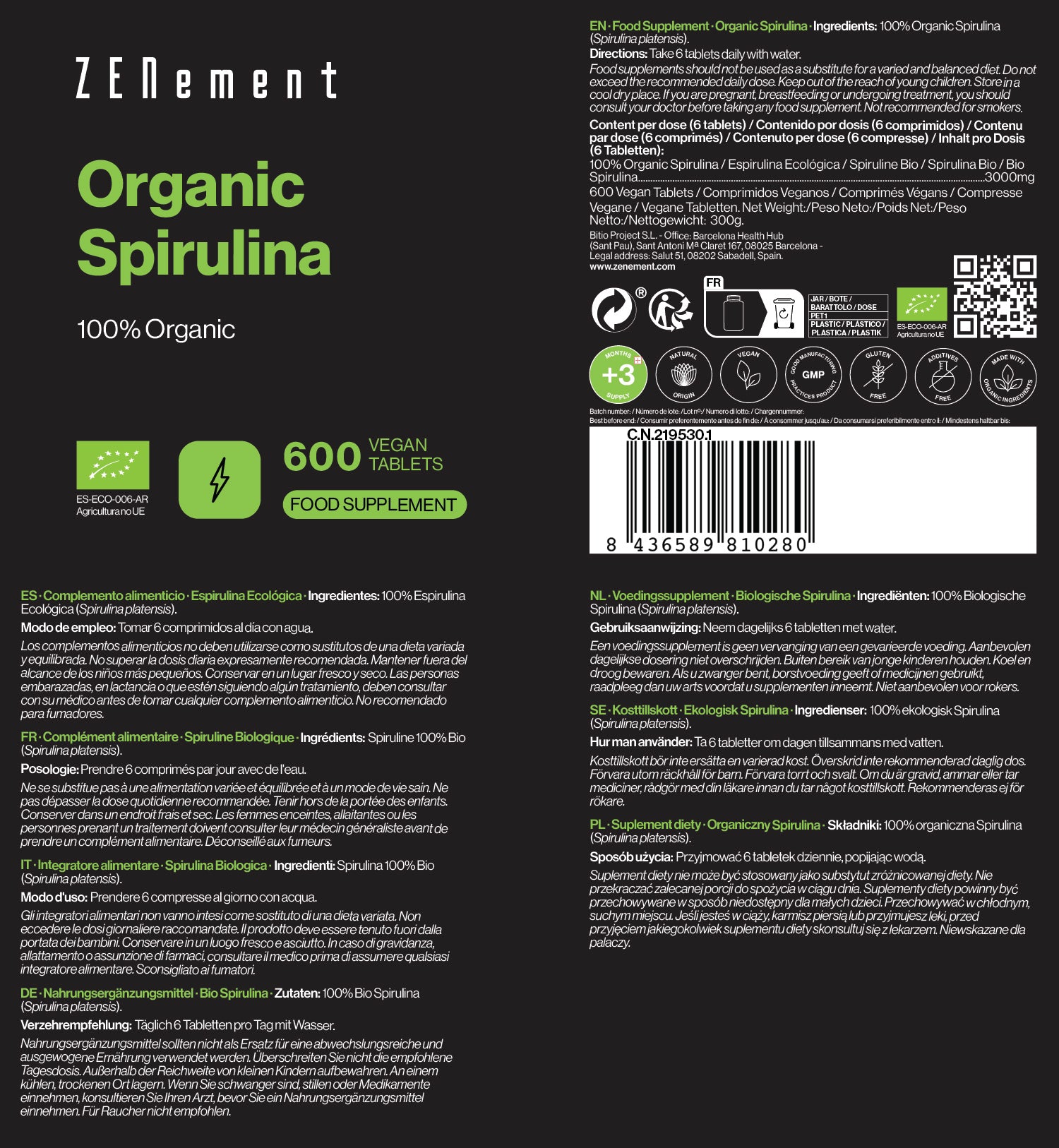 Zenement Spirulina Biologica 100% Bio compresse 600 pz