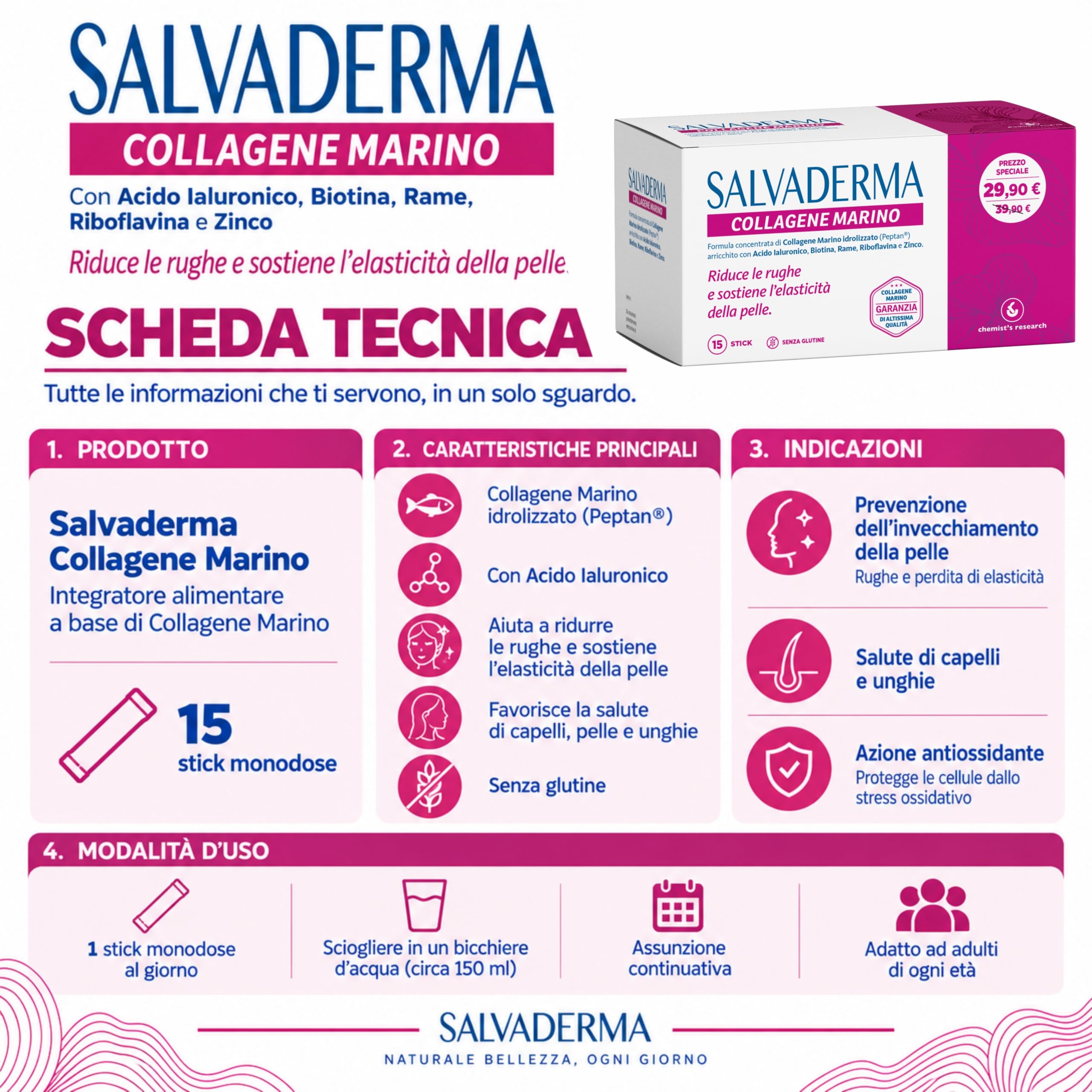 Chemist's Research Salvaderma Collagene Marino Integratore 15 Stick Ialuronico
