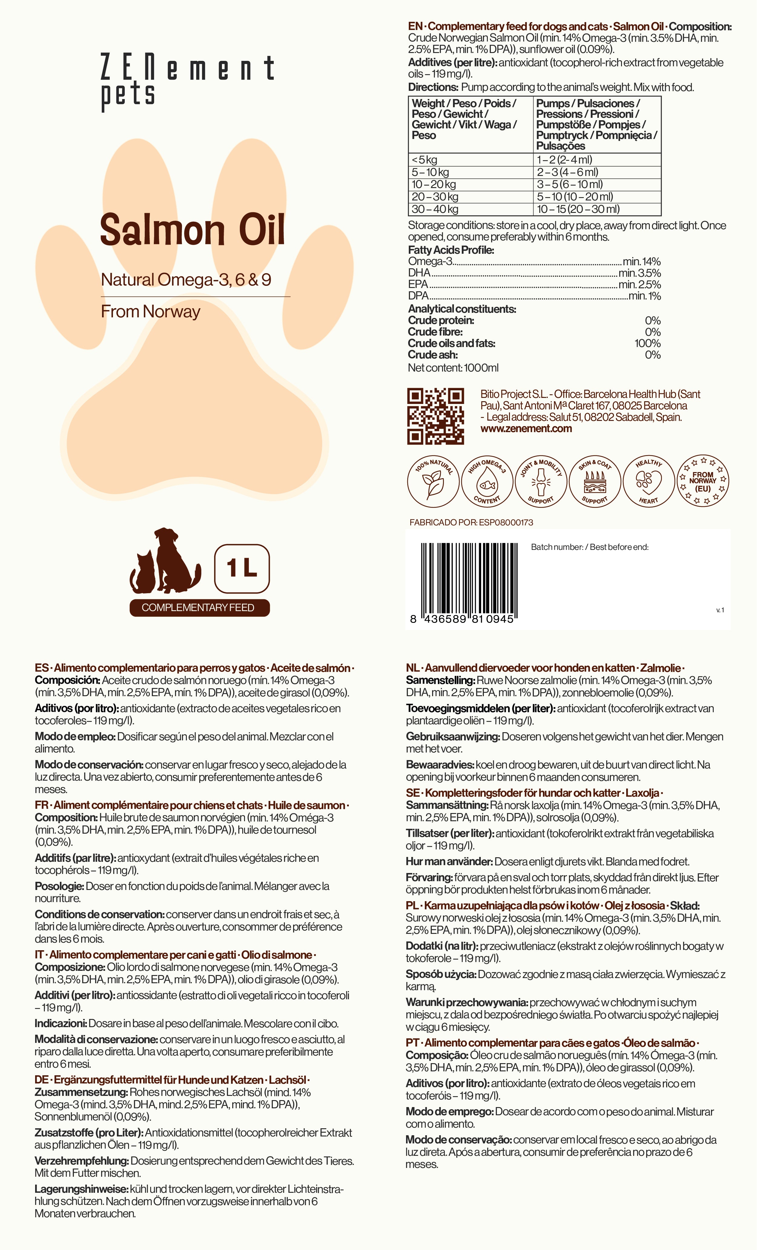 Zenement Olio di salmone Omega-3 olio 1000 ml norvegese