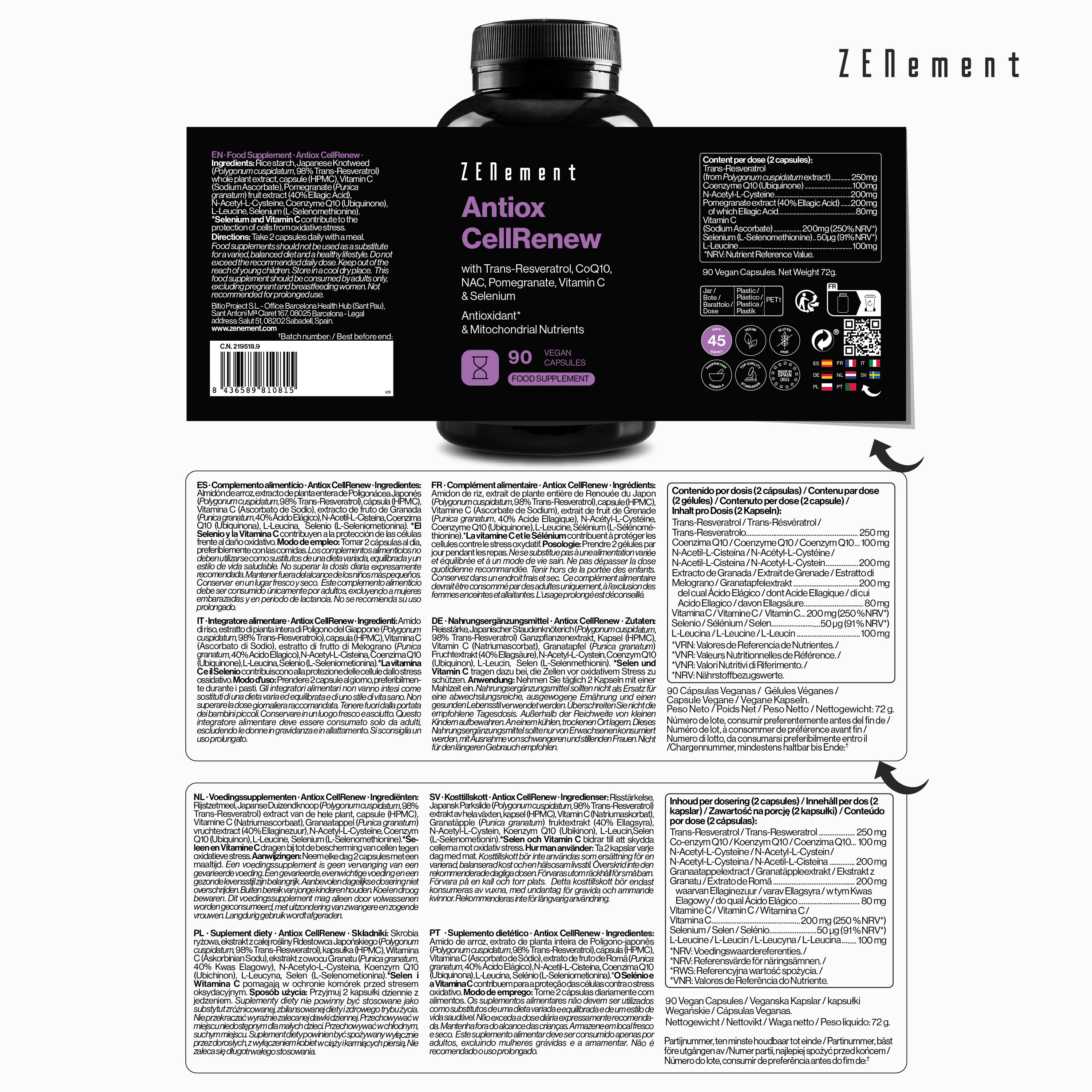 Zenement Longevità Antiox CellRenew Integratore 90 Capsule Vegane