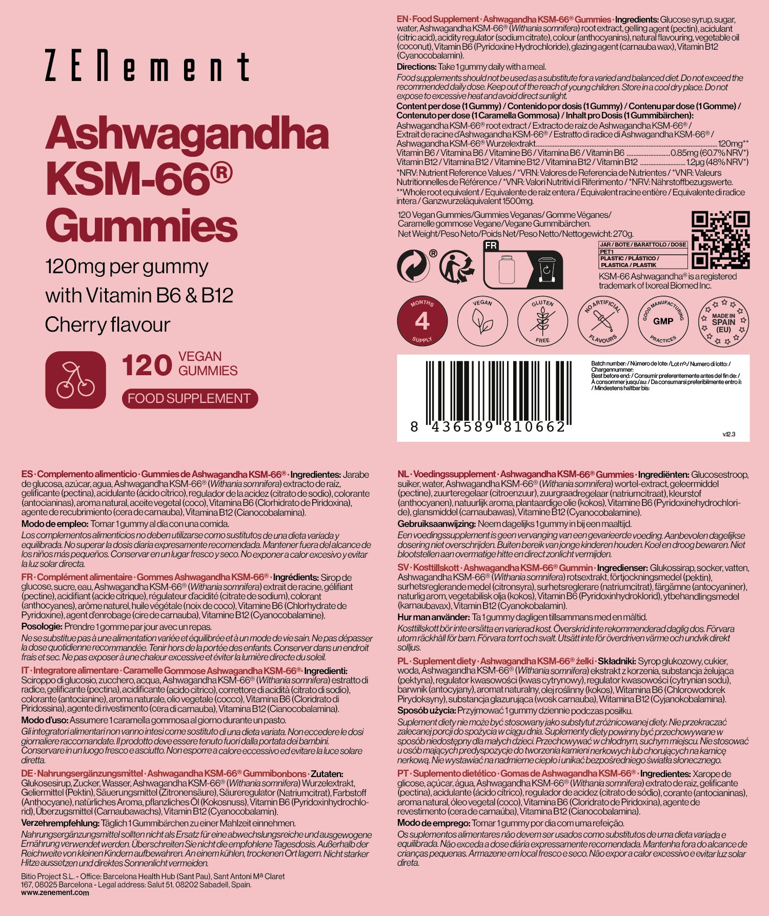 Zenement Ashwagandha KSM-66 gommose 120 caramelle ciliegia B6 B12