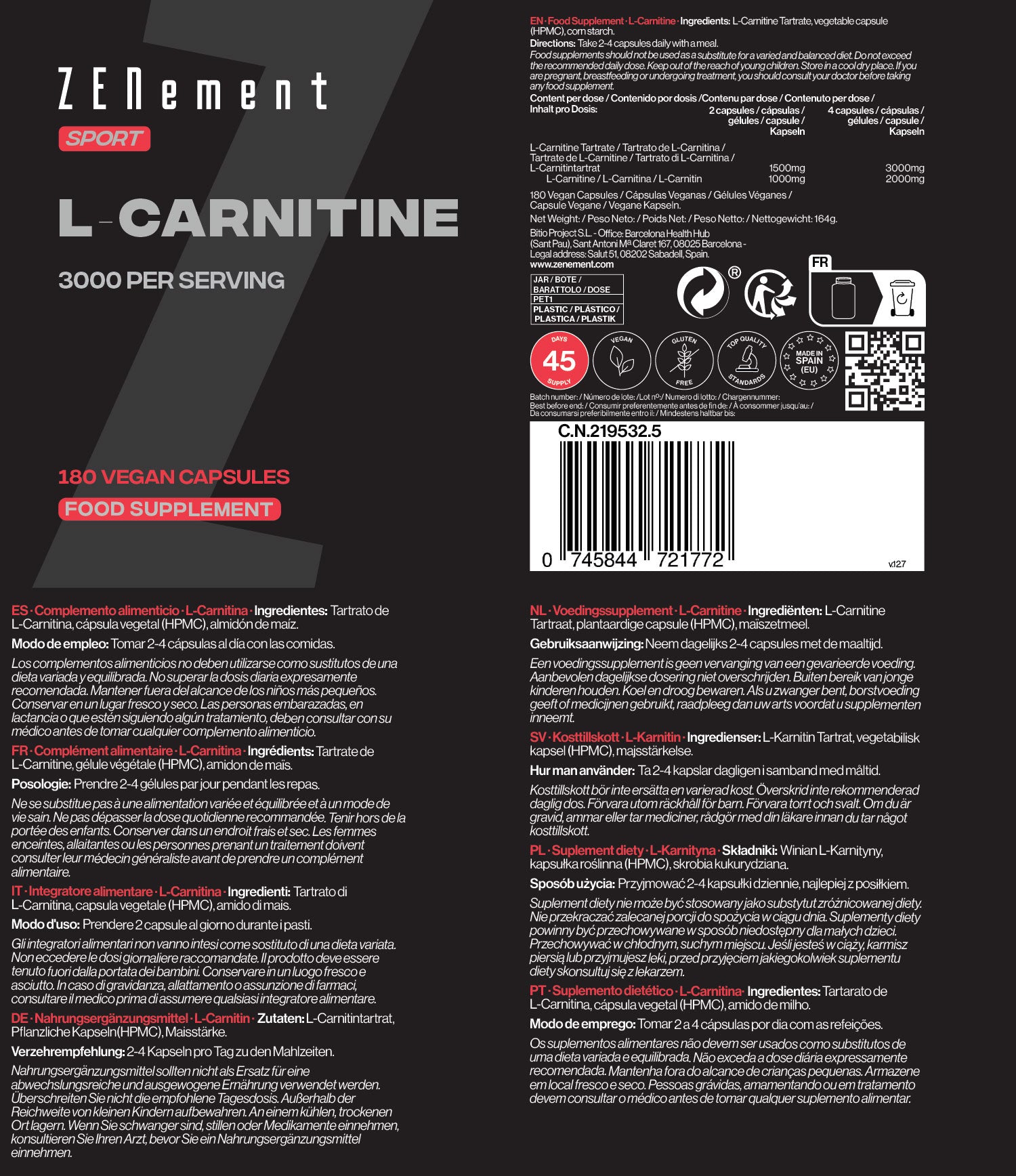 Zenement Controllo del Peso L-Carnitina 1500 mg Integratore 180 Capsule Vegane