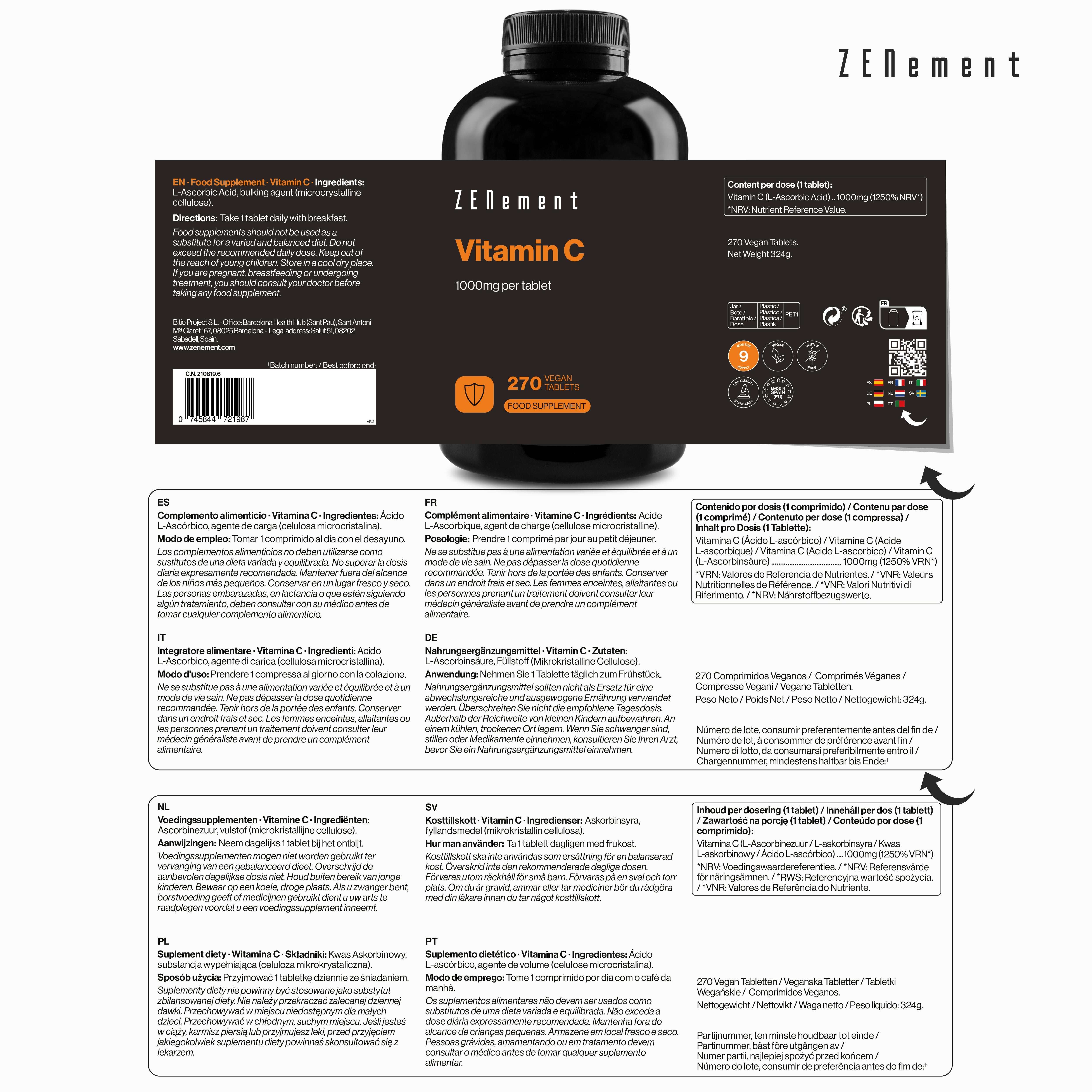 Zenement Vitamine e Minerali Vitamina C 1000 mg 270 Compresse Vegane