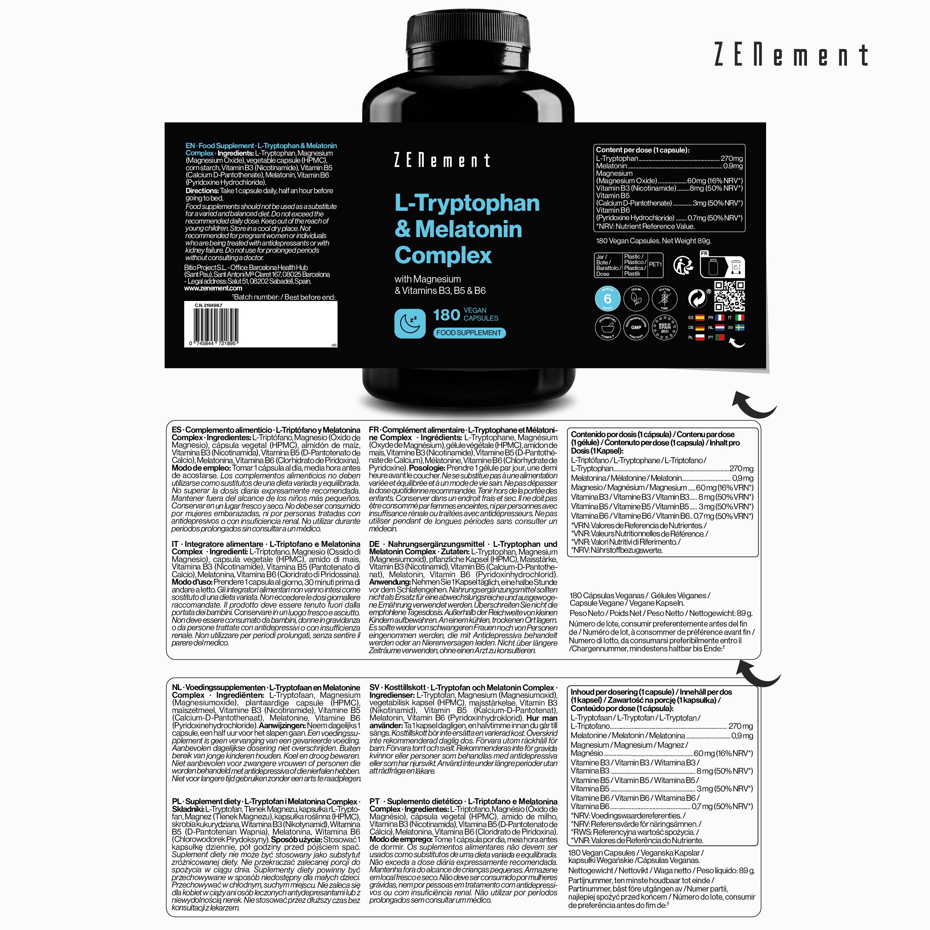 Zenement Rilassamento Sonno L-Triptofano Melatonina 180 Capsule
