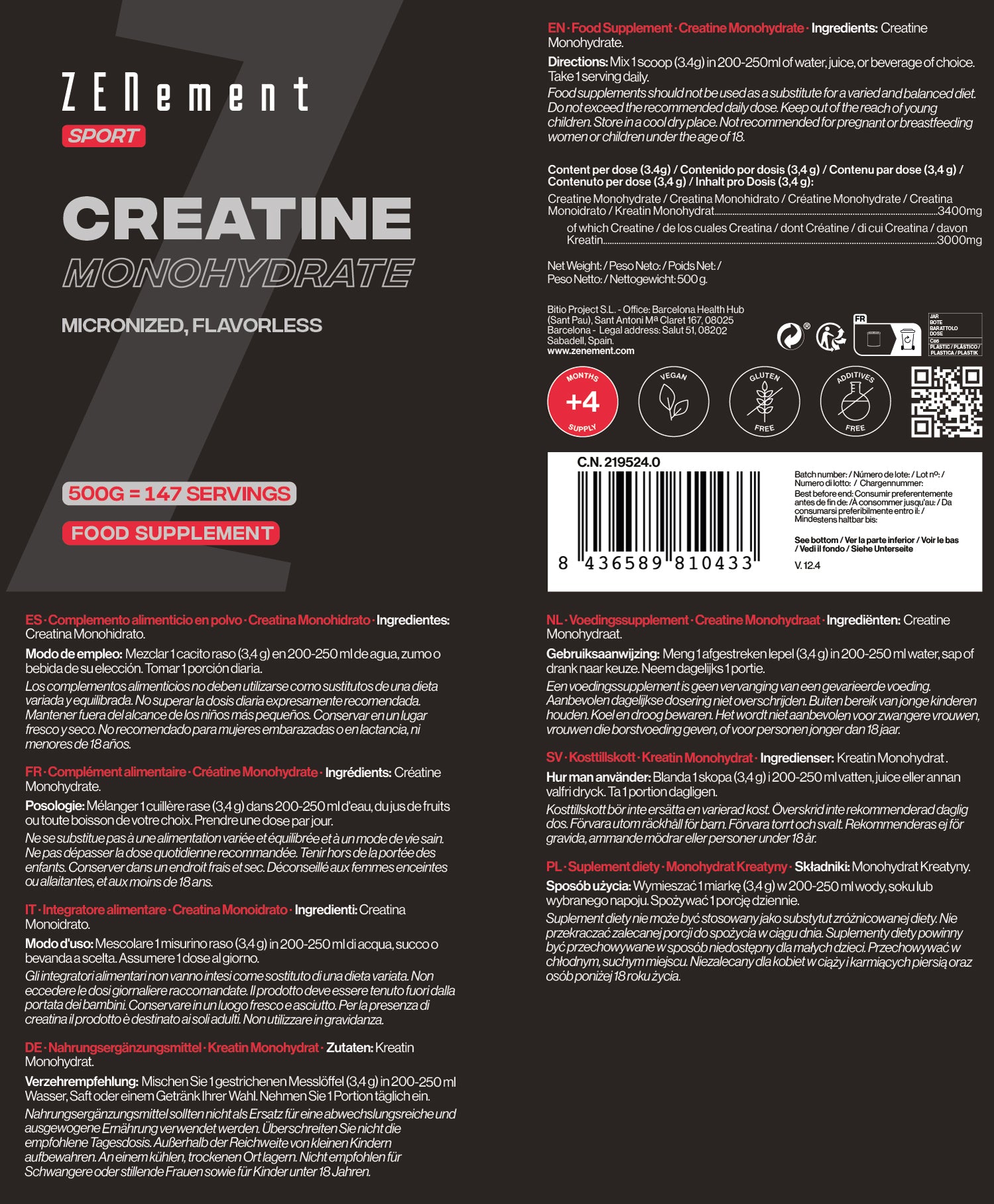 Zenement Sport Creatina Monoidrato in Polvere 500 g Vegana