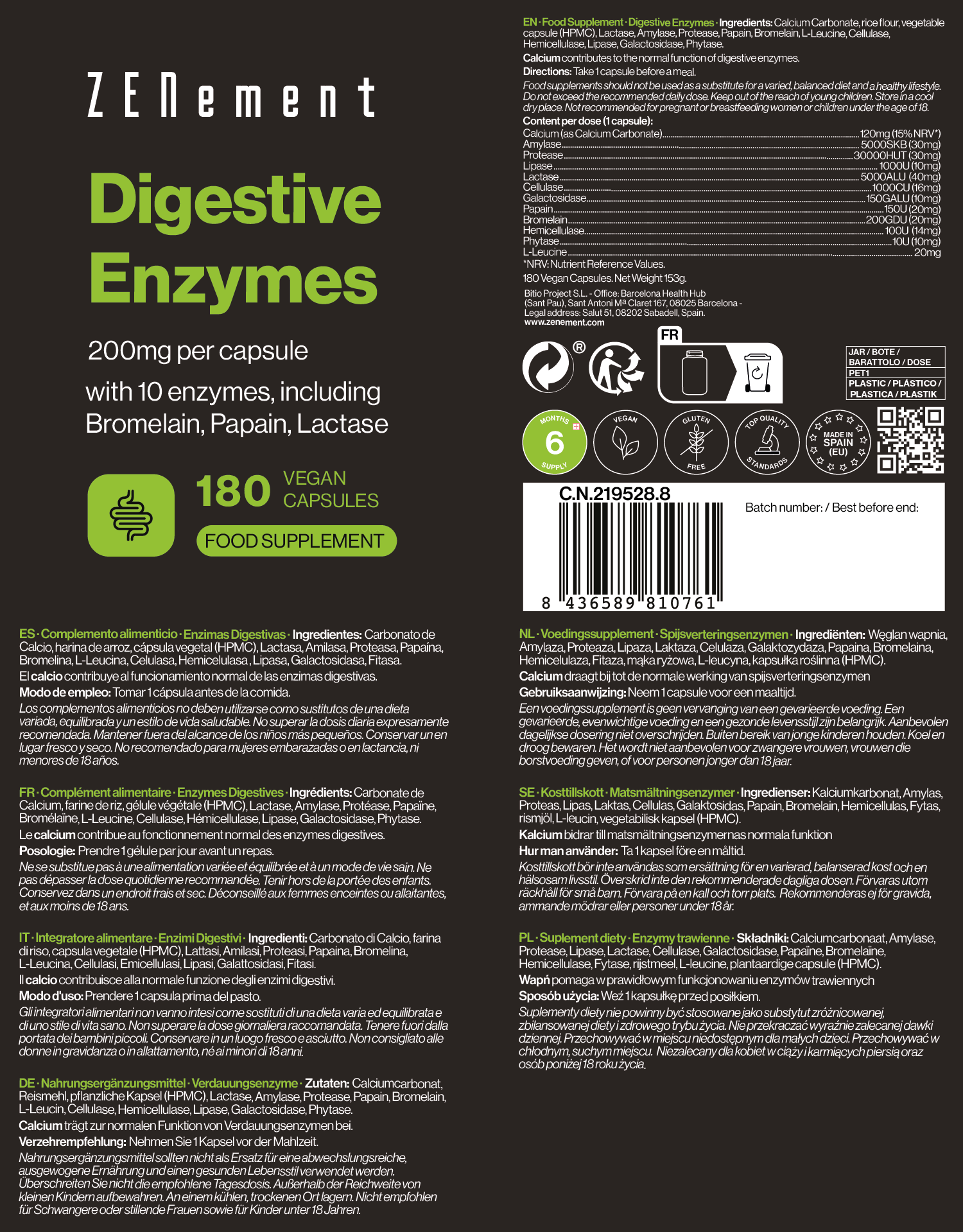 Zenement Enzimi Digestivi 200 mg 180 capsule vegane