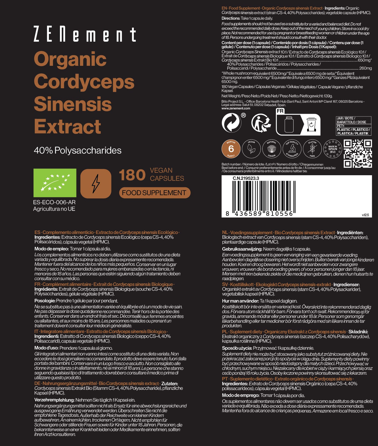 Zenement Cordyceps Sinensis Bio integratore 180 capsule 40% polisaccaridi