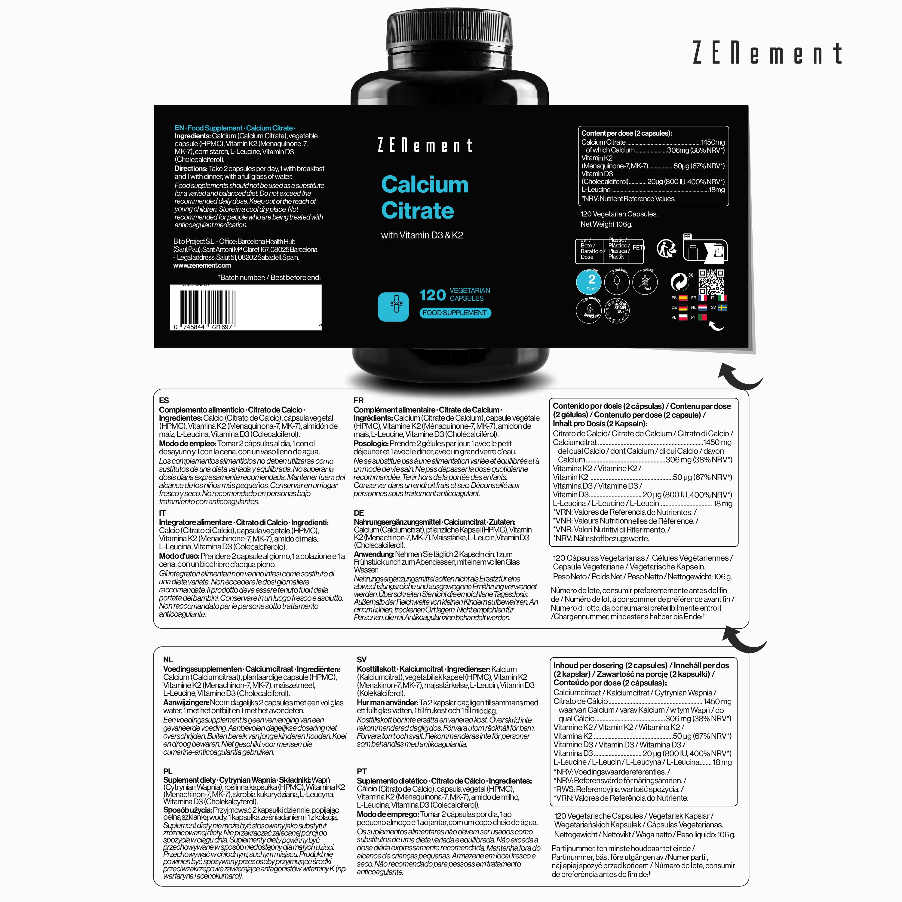 Zenement Citrato di Calcio con D3 e K2 capsule 120 capsule ossa