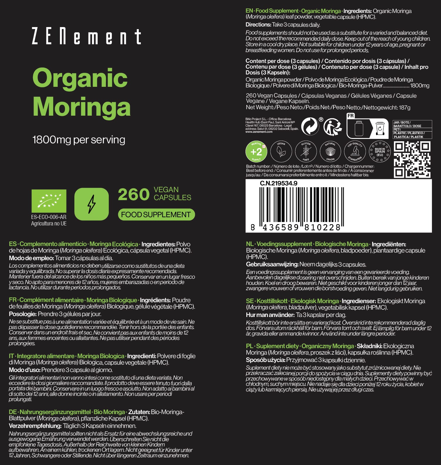 Zenement Moringa Biologica integratore 260 capsule 1800 mg dose