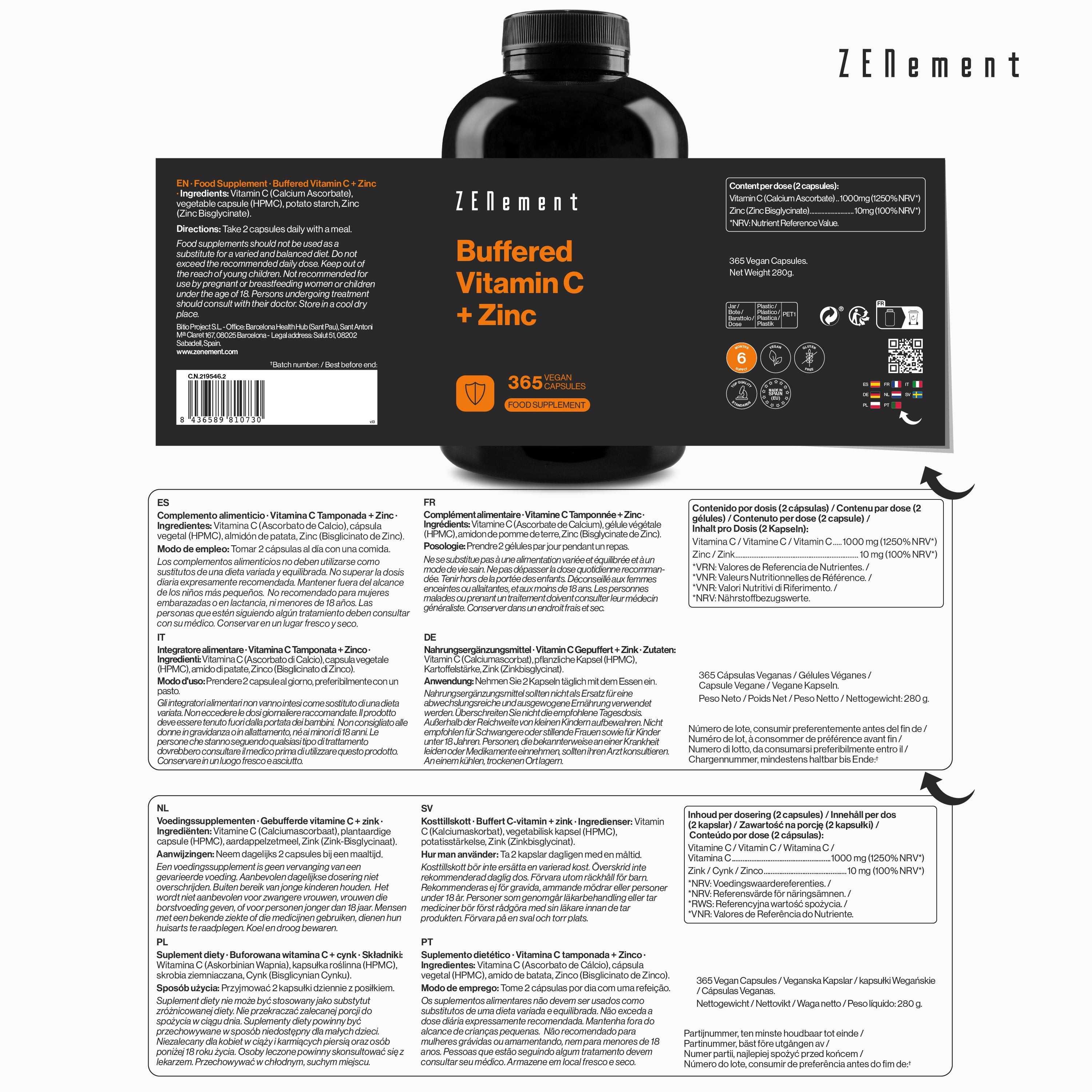 Zenement Vitamina C Tamponata Zinco integratore 365 capsule 1000 mg