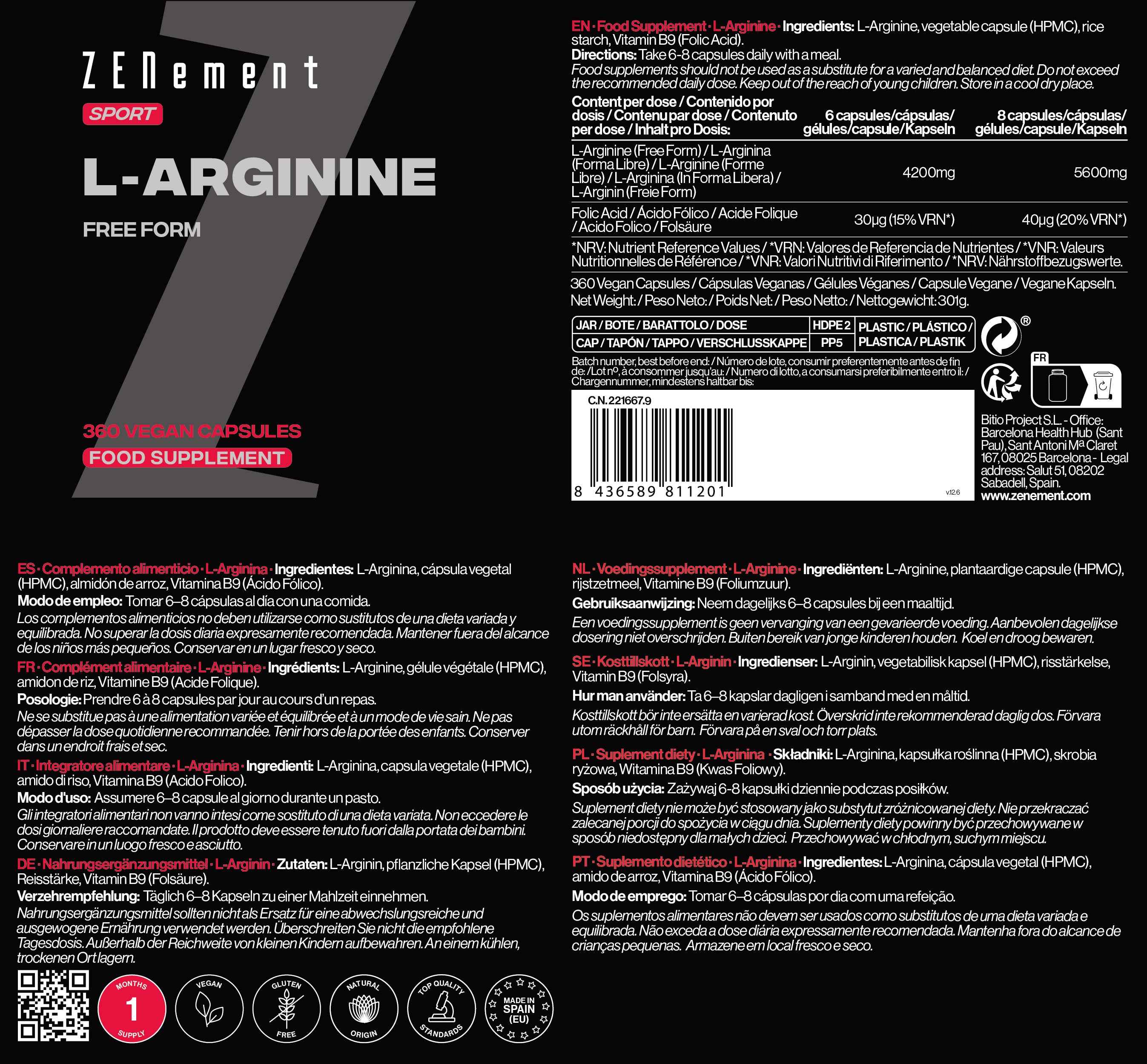 Zenement L-Arginina Forma Libera Integratore 360 Capsule Vegane