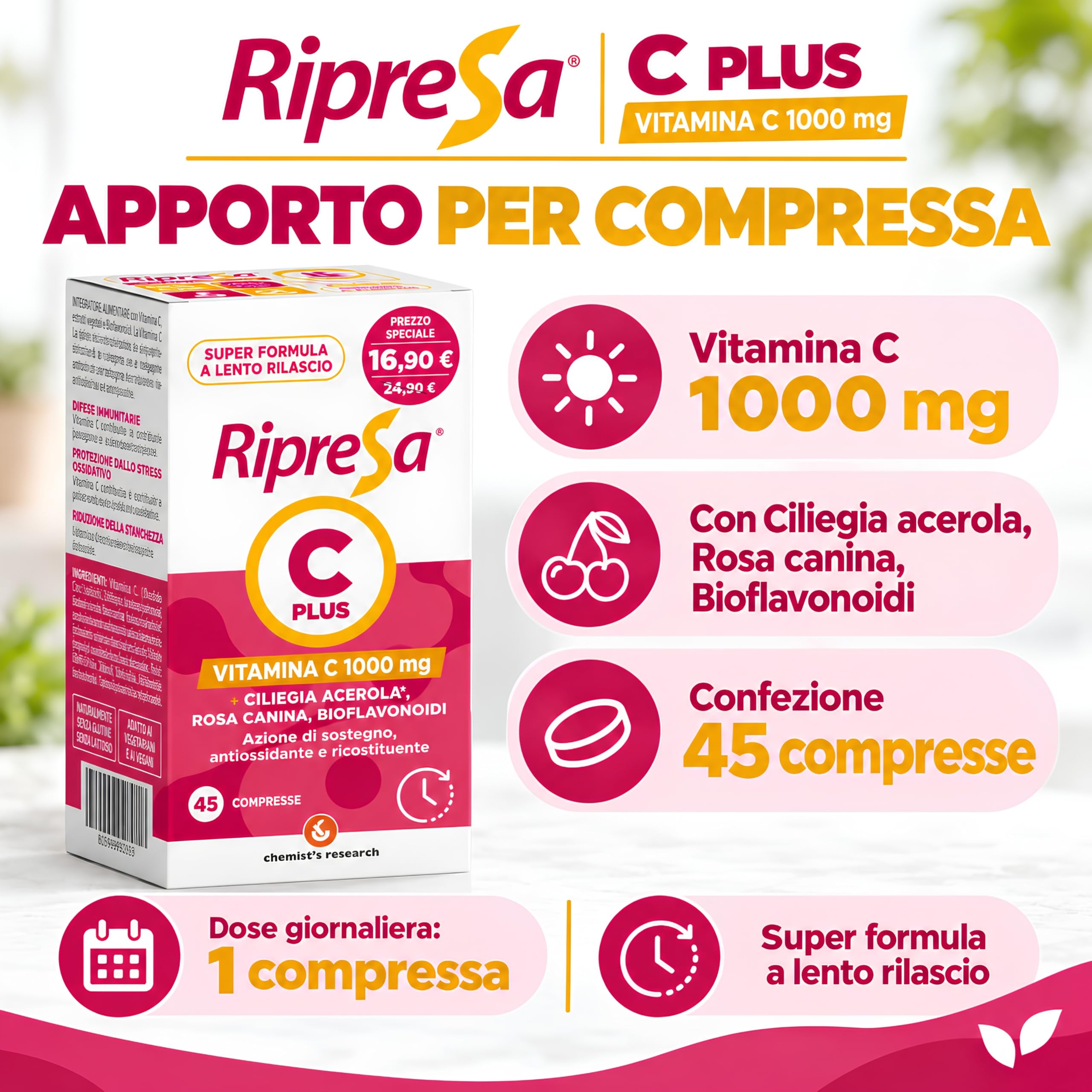 Chemist's Research Ripresa C Plus Vitamina C 45 Compresse Acerola