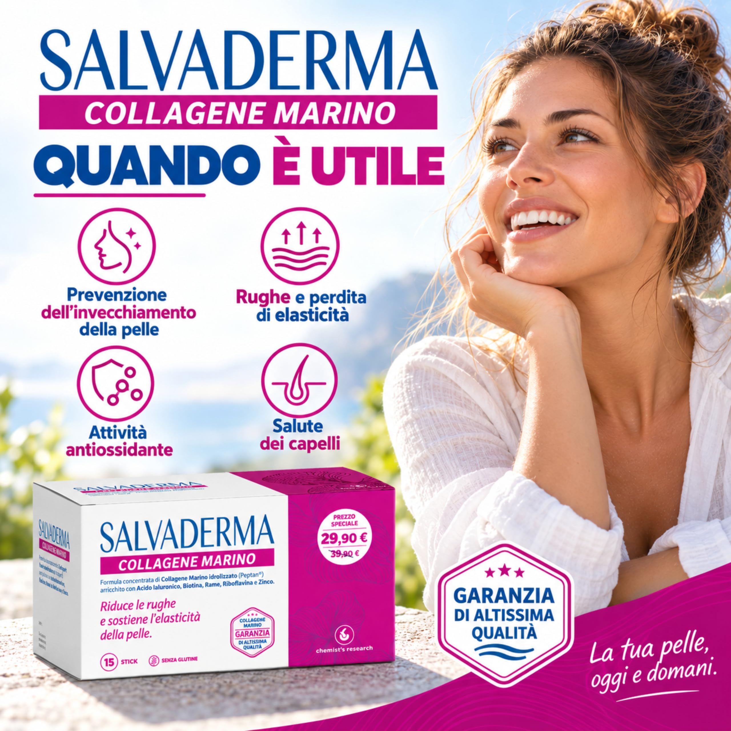 Chemist's Research Salvaderma Collagene Marino Integratore 15 Stick Ialuronico