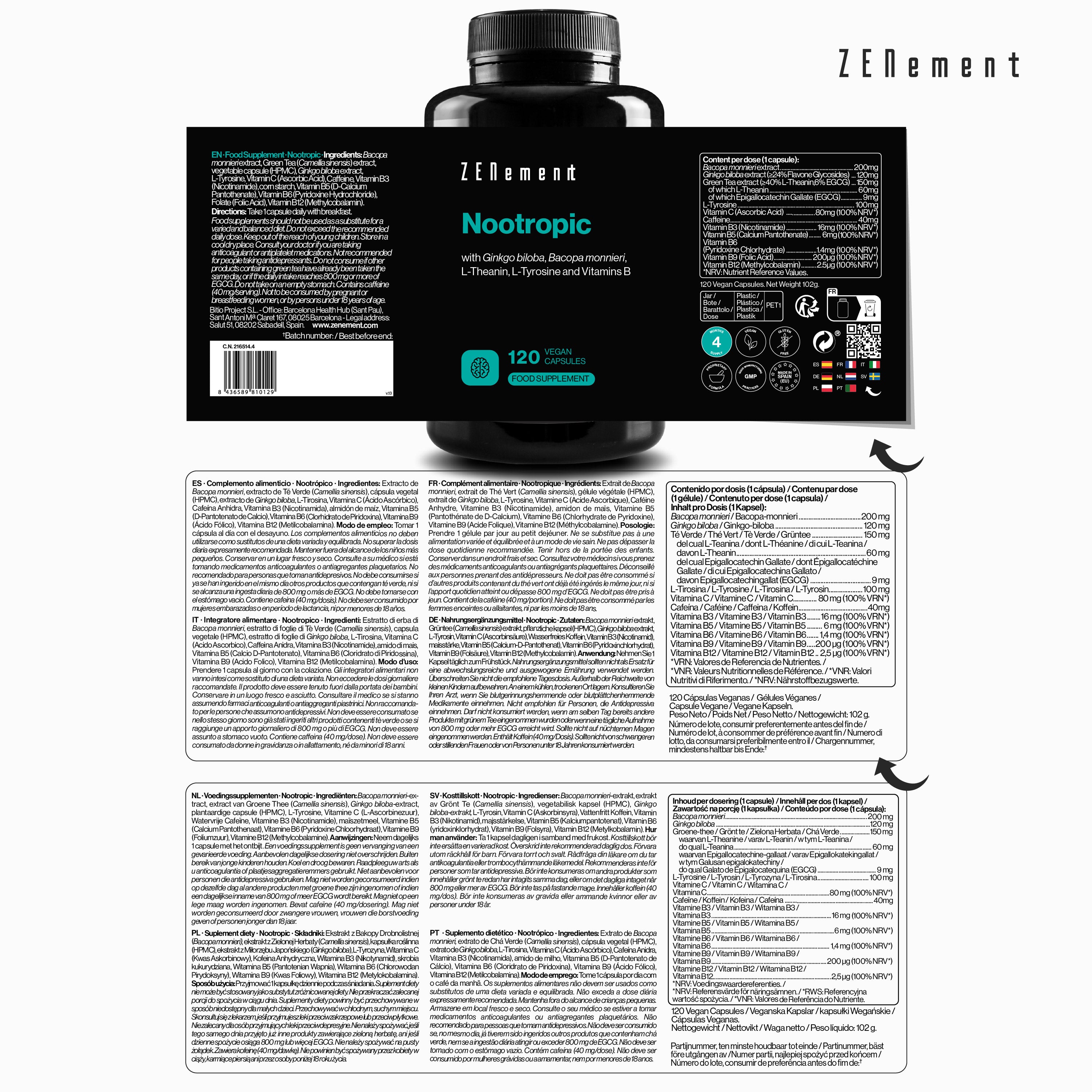 Zenement Salute cervello Nootropico Ginkgo capsule 120 vegane