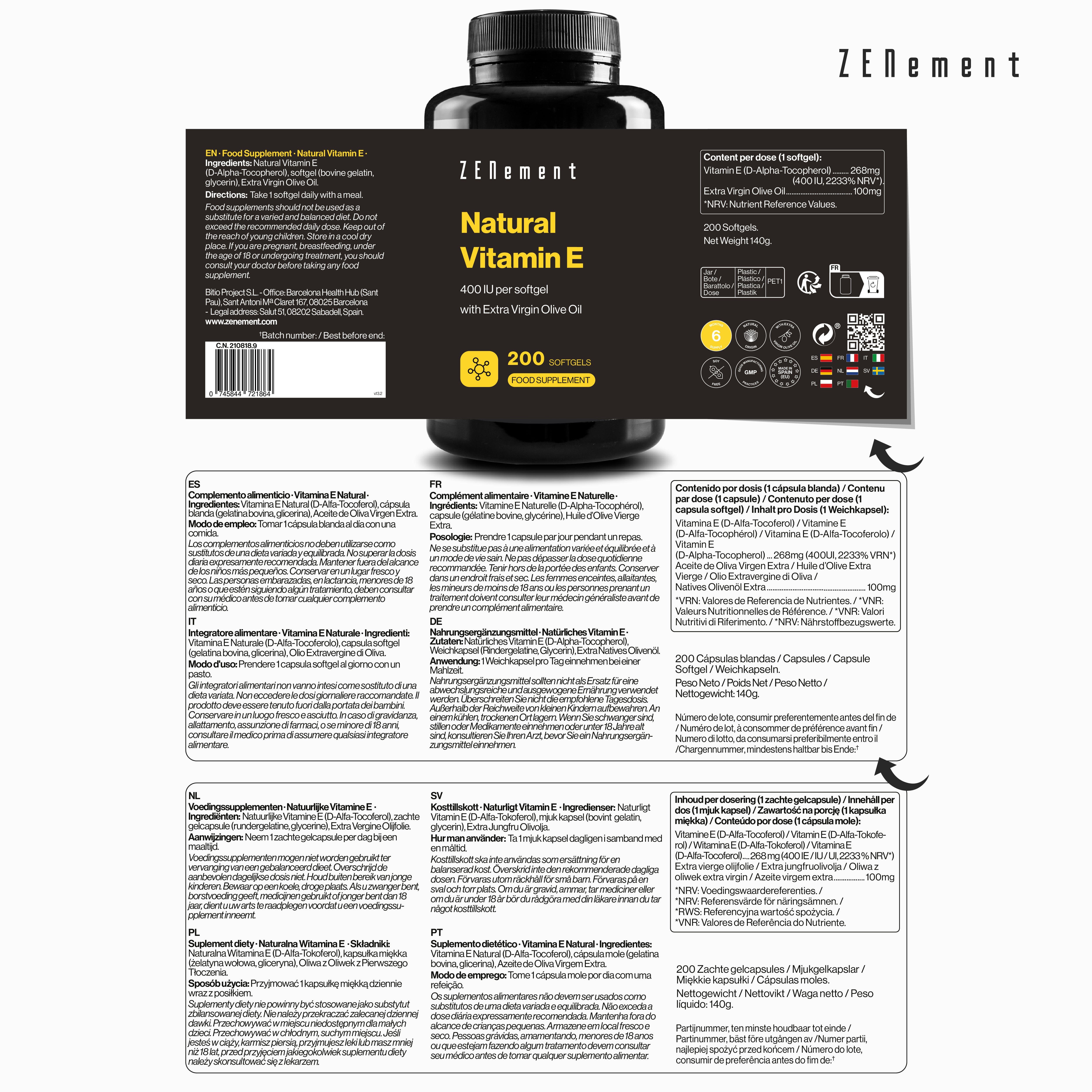 Zenement Vitamina E Naturale 400 UI softgel 200 capsule antiossidante