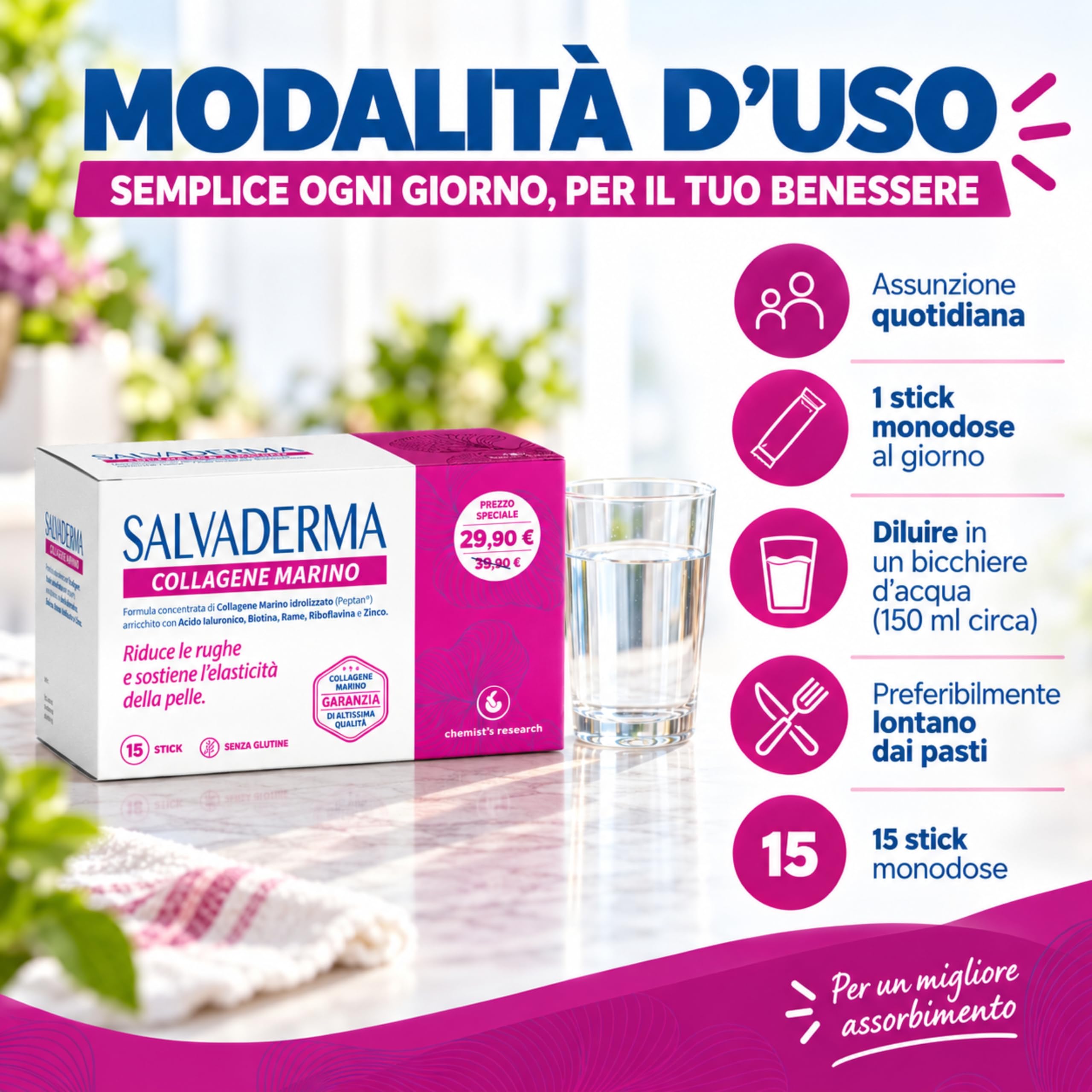 Chemist's Research Salvaderma Collagene Marino Integratore 15 Stick Ialuronico