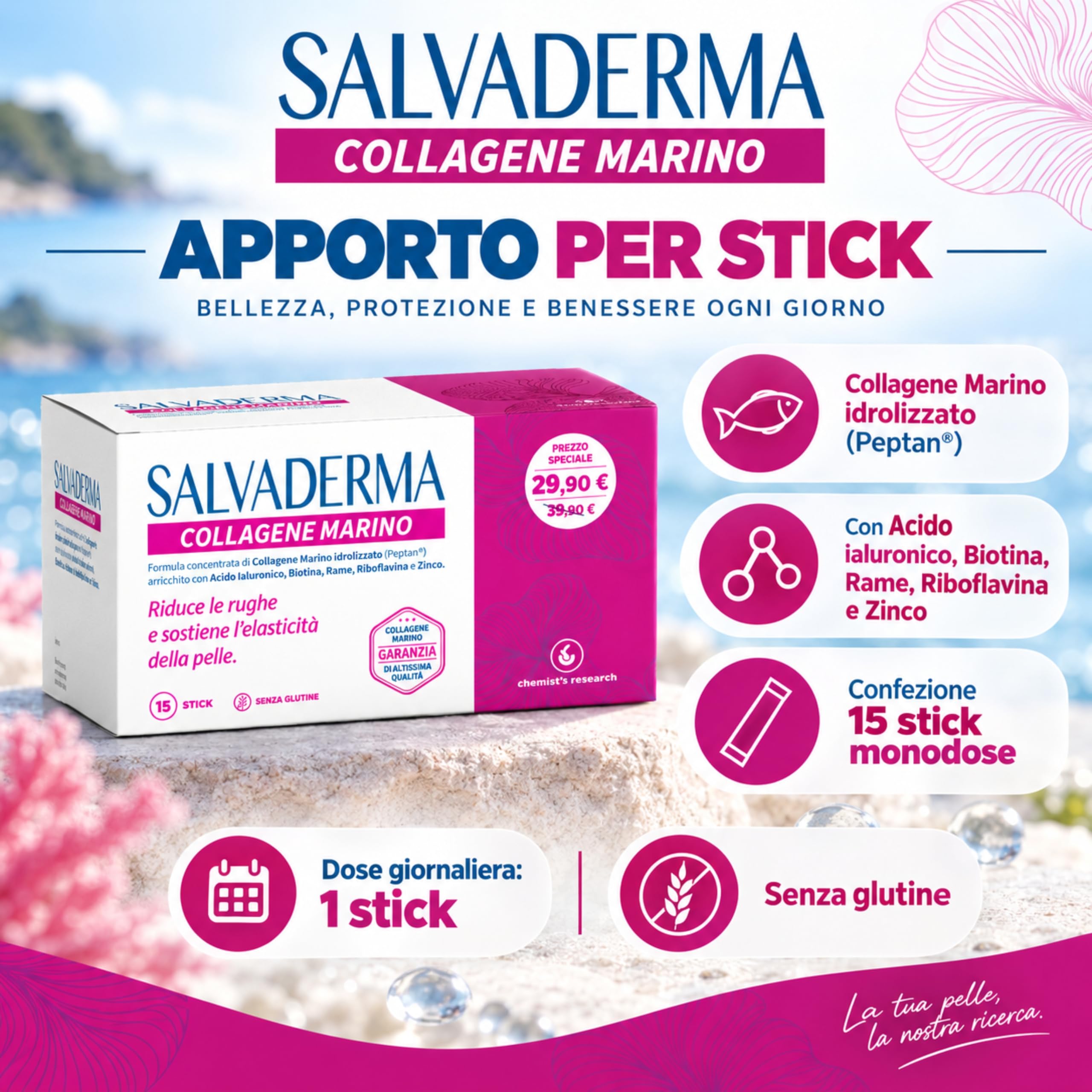 Chemist's Research Salvaderma Collagene Marino Integratore 15 Stick Ialuronico