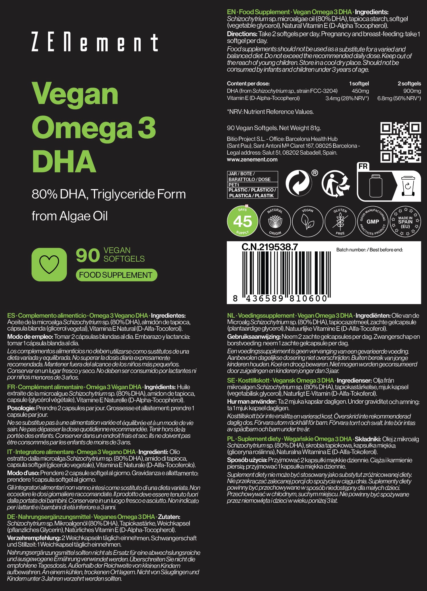 Zenement Omega-3 Vegano DHA 80% capsule softgel 90 pz